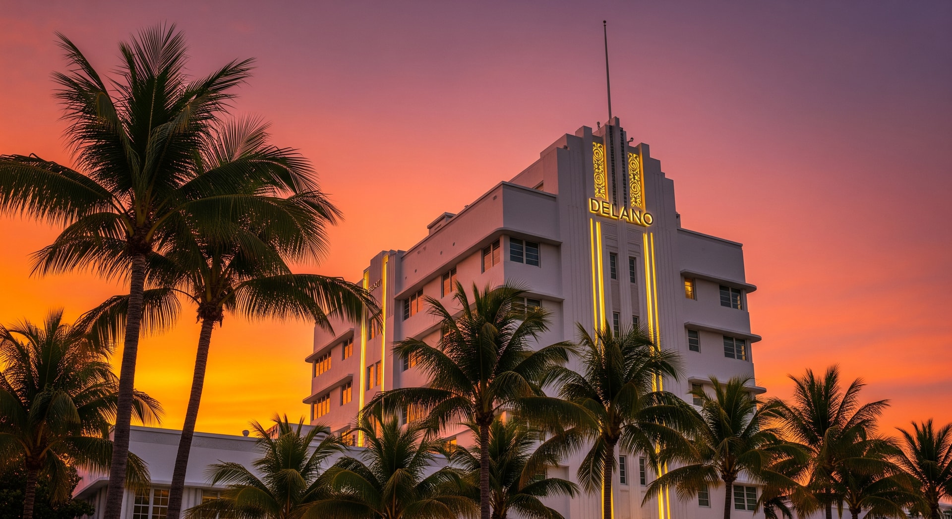 Exterior view of Delano Miami Beach hotel with palm trees and sunset