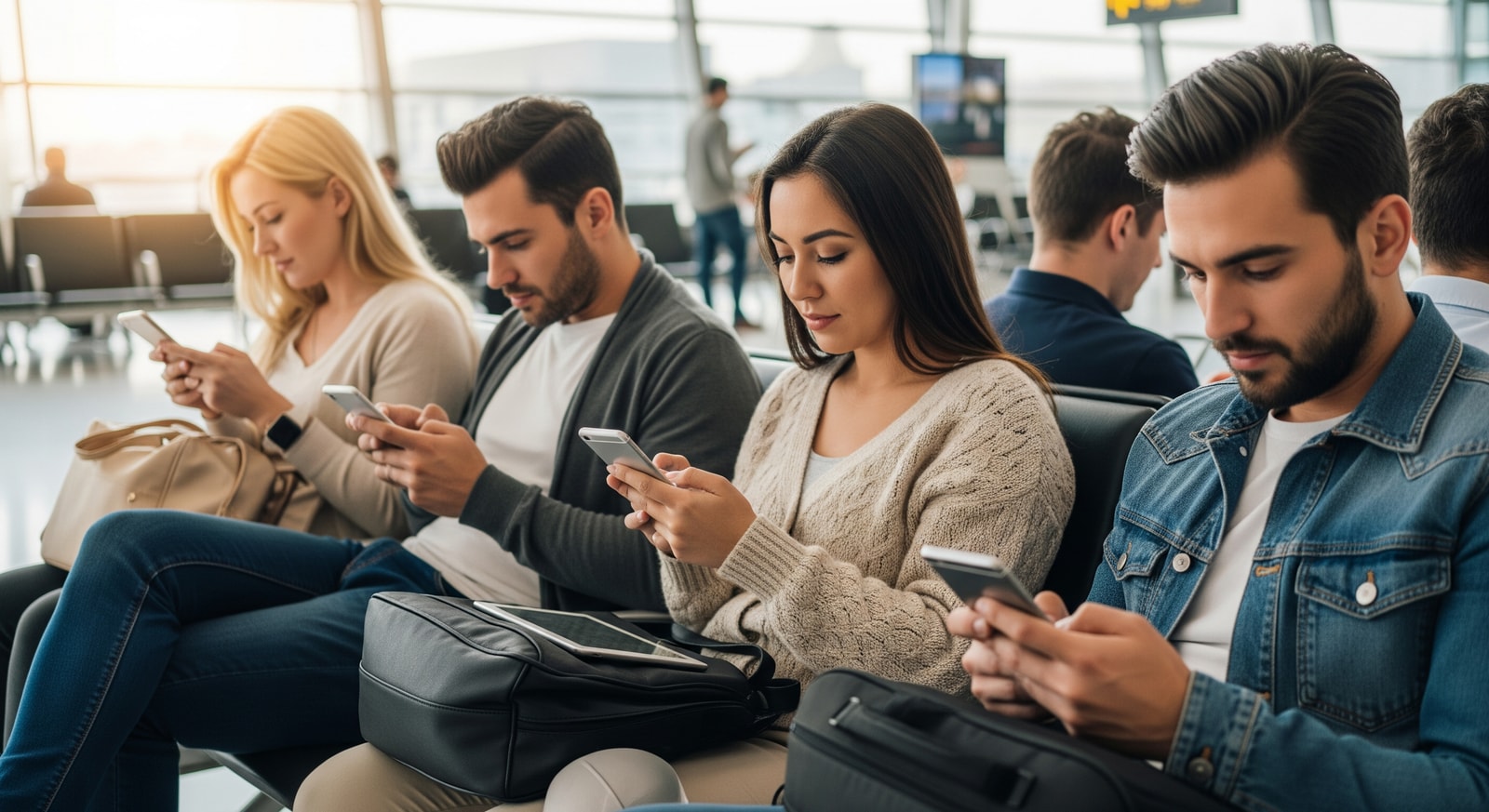 Travellers using mobile devices at an airport, illustrating digital and generative AI use in travel planning