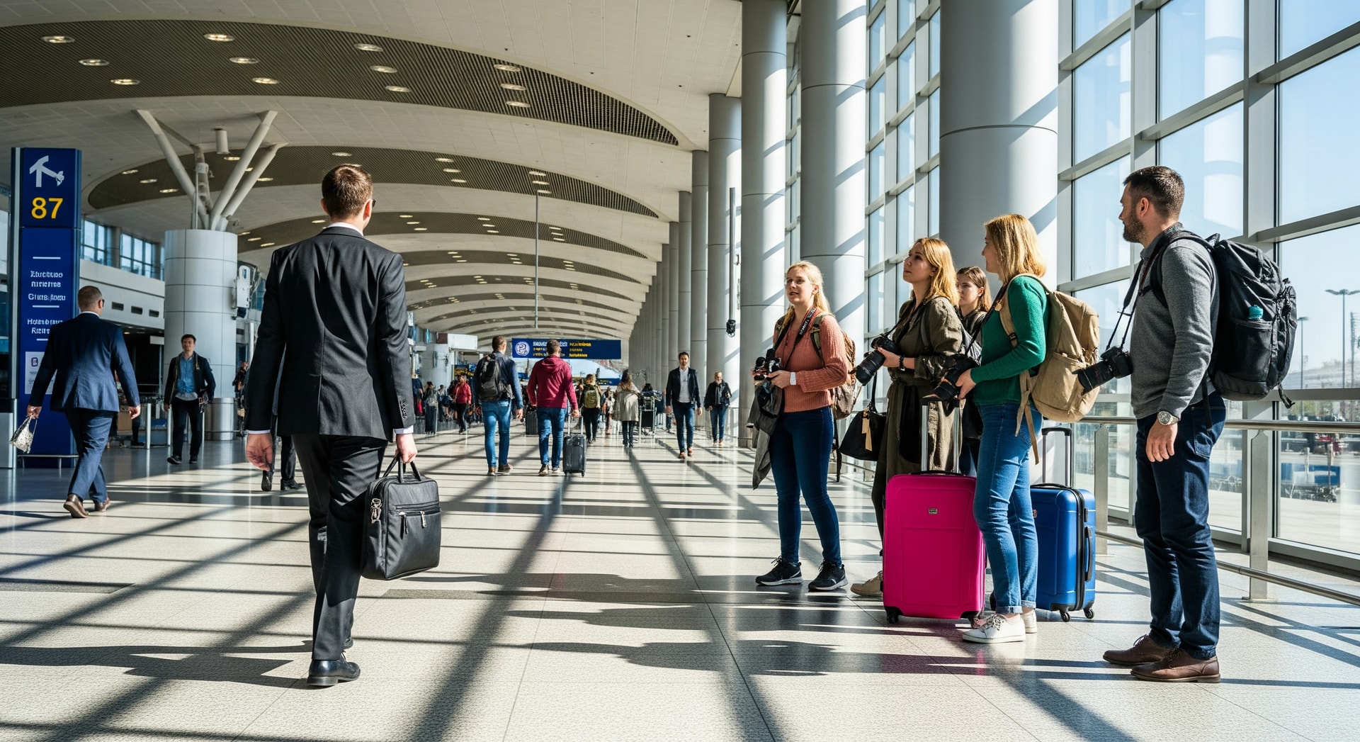 Business travellers and leisure tourists at an international airport terminal