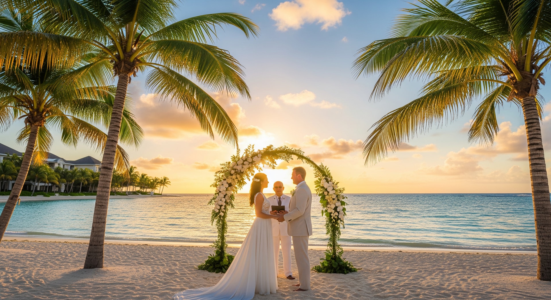 Couple exchanging vows on a tropical beach at a luxury Caribbean resort