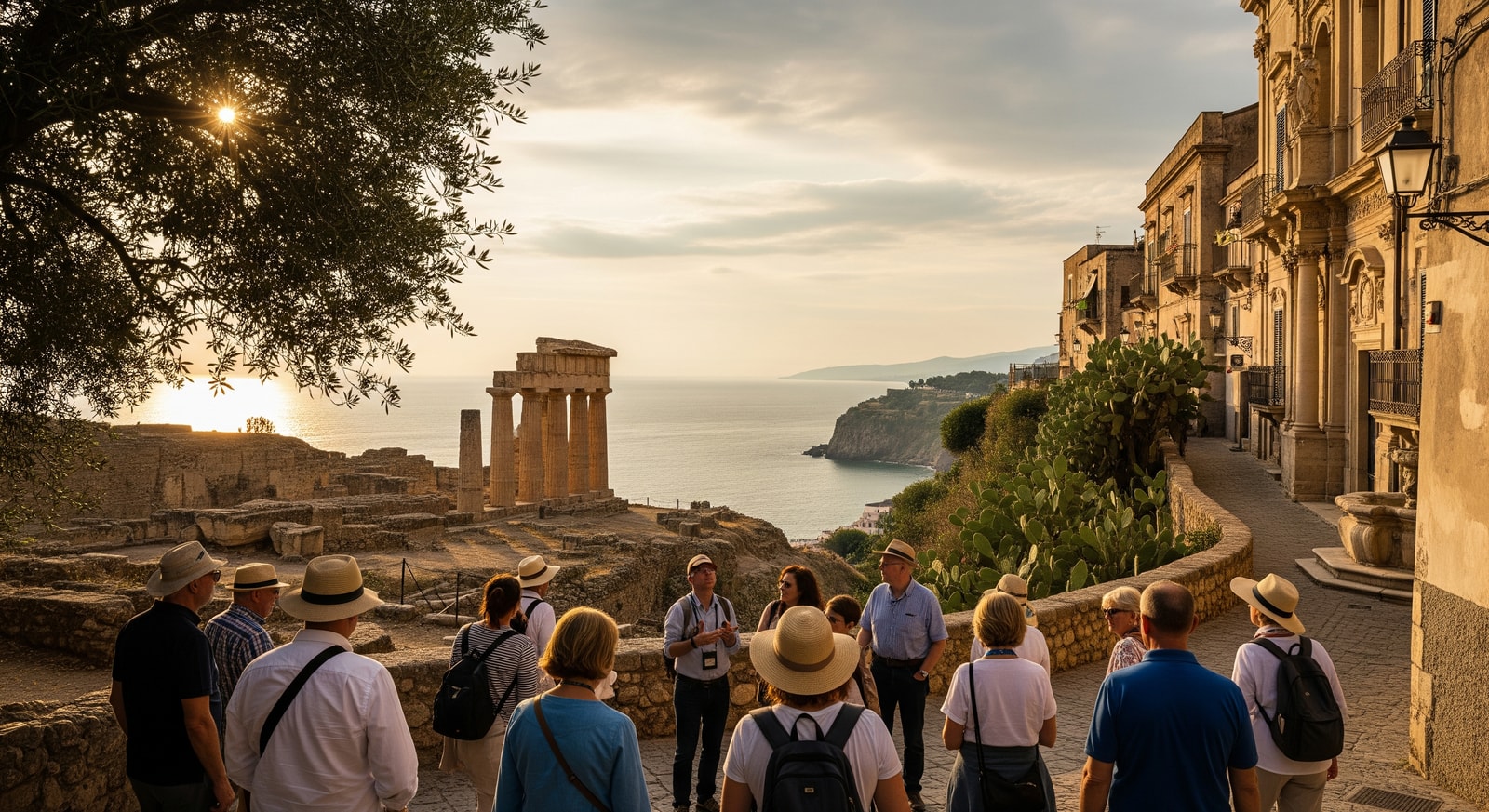 Guests on a guided walking section of the Sicilian Secrets 8 Days tour amid historic Sicilian scenery