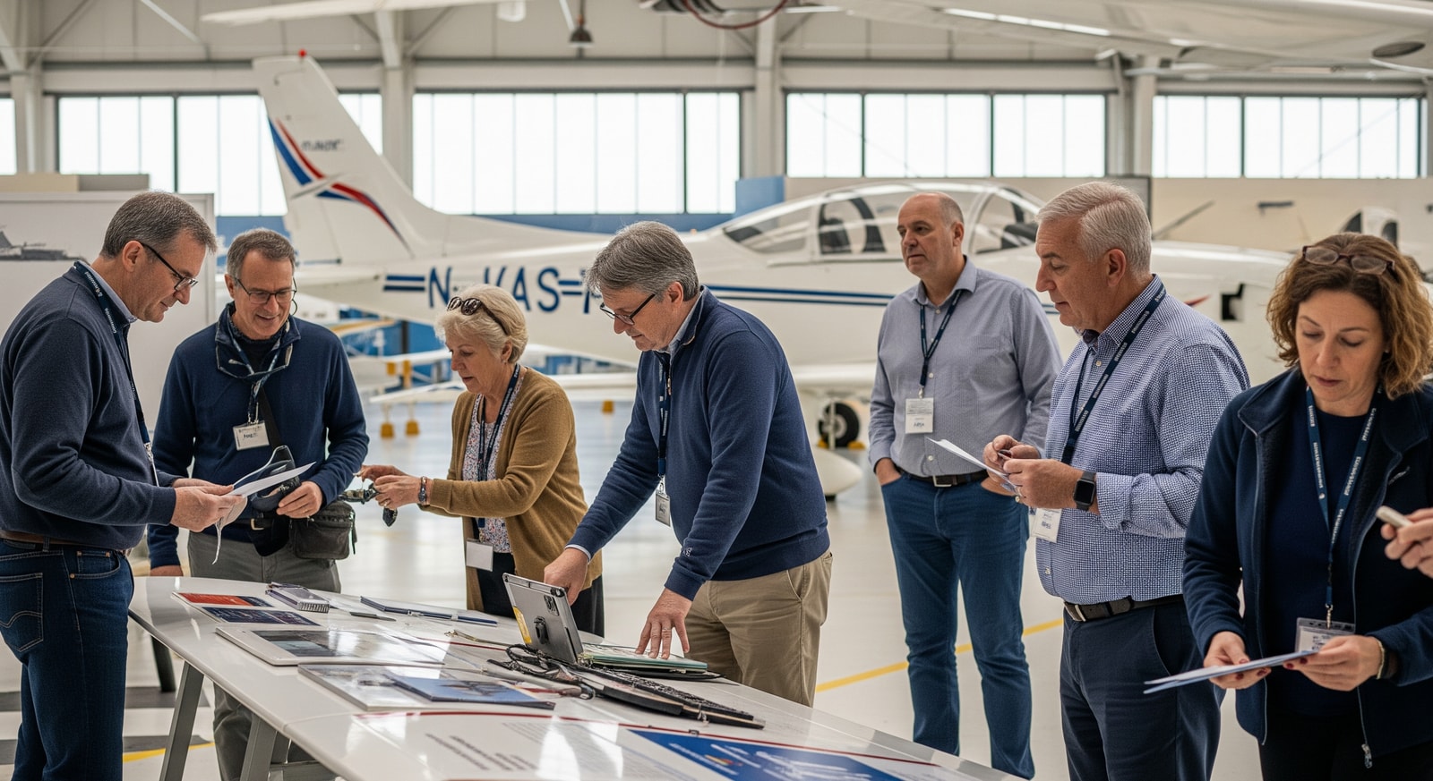 Attendees at an aviation workshop exploring exhibits and aircraft, illustrating aviation tourism activities