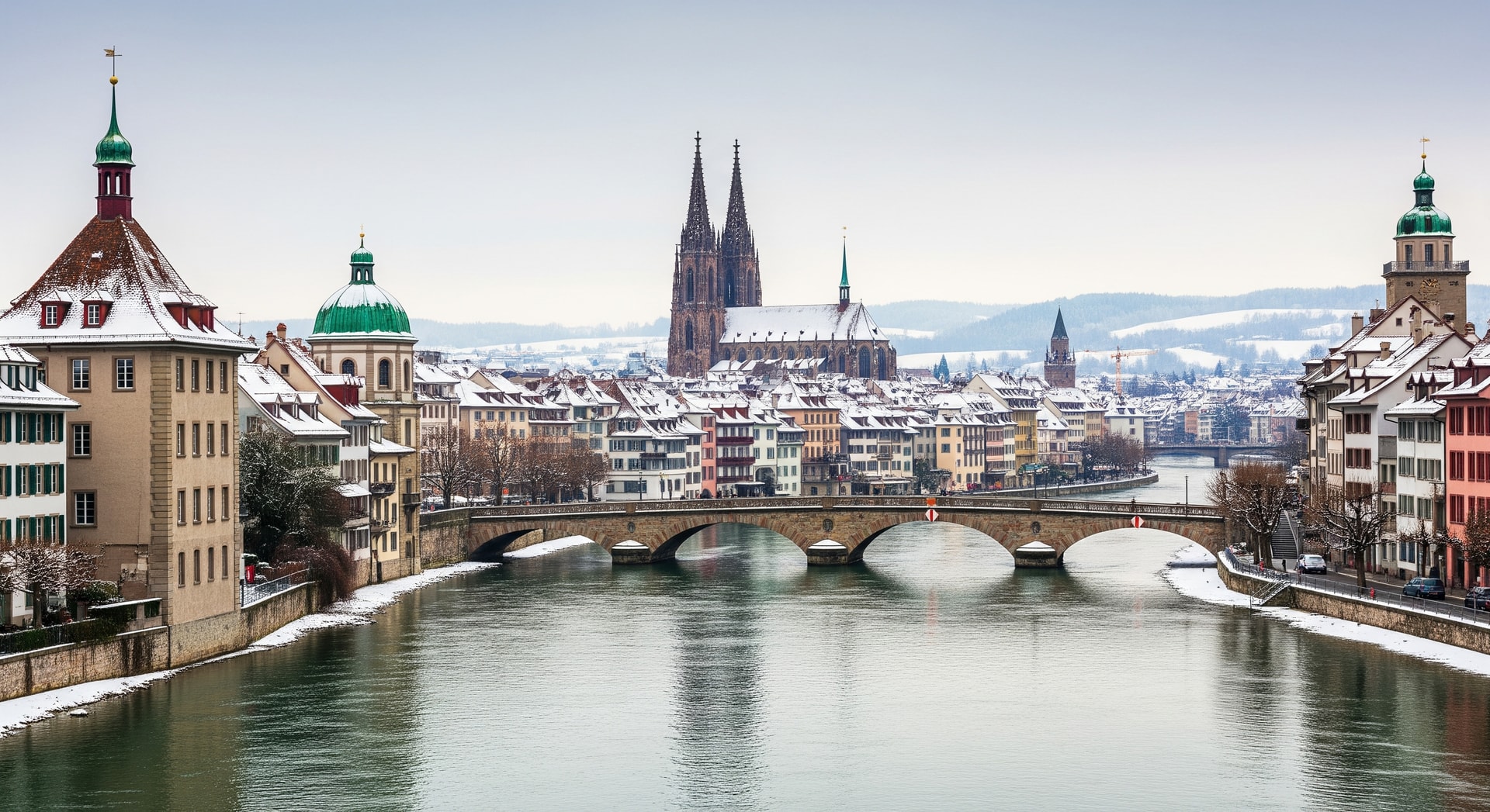 Basel cityscape along the Rhine in winter with historic buildings and bridges