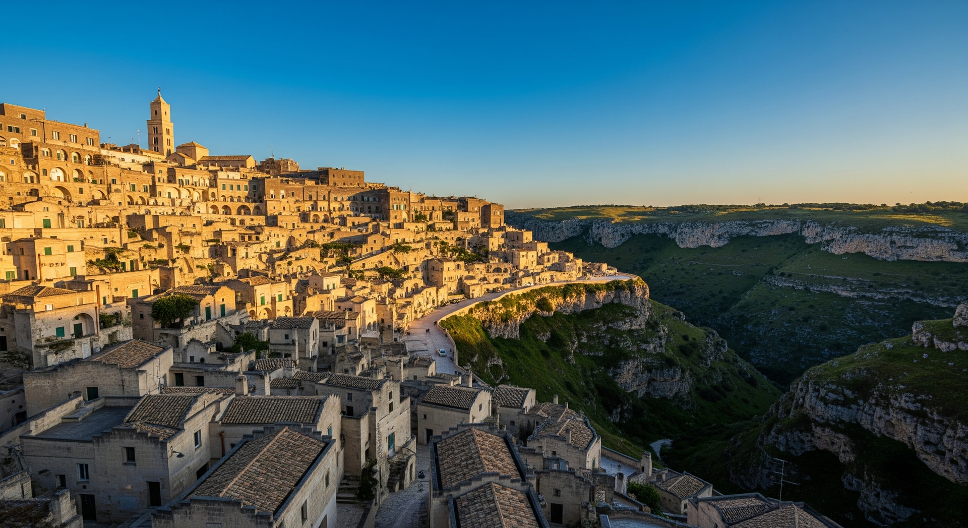 View of Matera’s historic Sassi cave dwellings carved into limestone cliffs in southern Italy