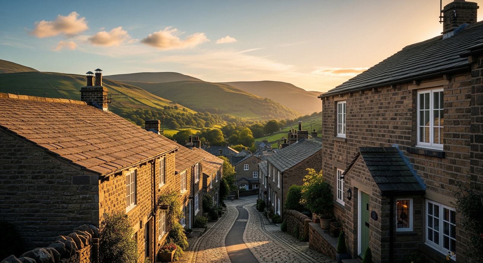Stone cottages, village street and surrounding hills at Kettlewell in the Yorkshire Dales