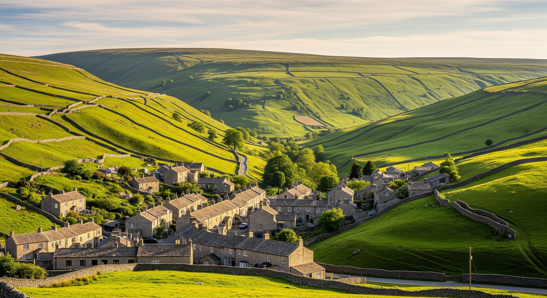 Stone cottages and rolling hills around Kettlewell in the Yorkshire Dales