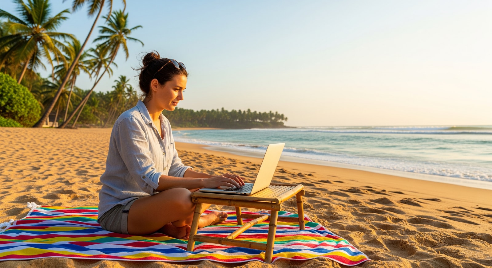 Remote worker using a laptop on a Sri Lanka beach, illustrating the Sri Lanka Digital Nomad Visa lifestyle