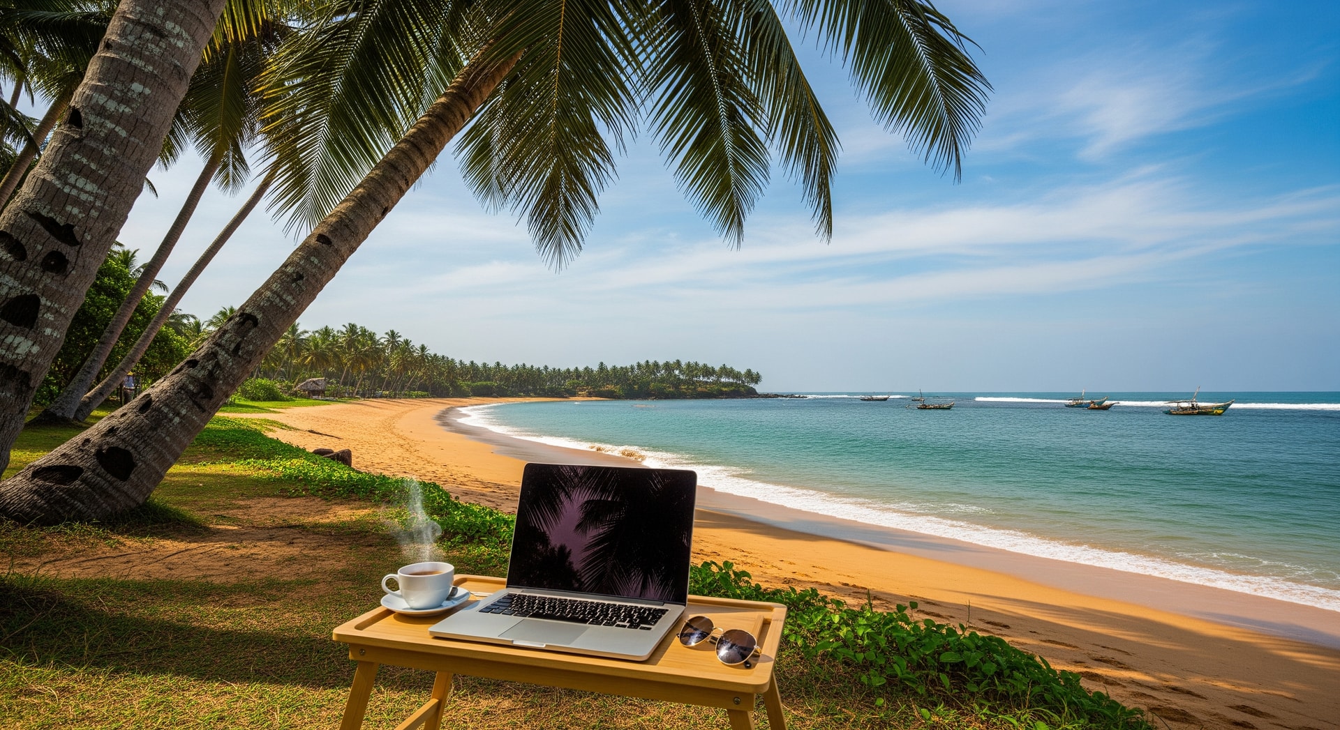 Coastal view of Sri Lanka with palm trees and remote work setup, representing the Sri Lanka Digital Nomad Visa