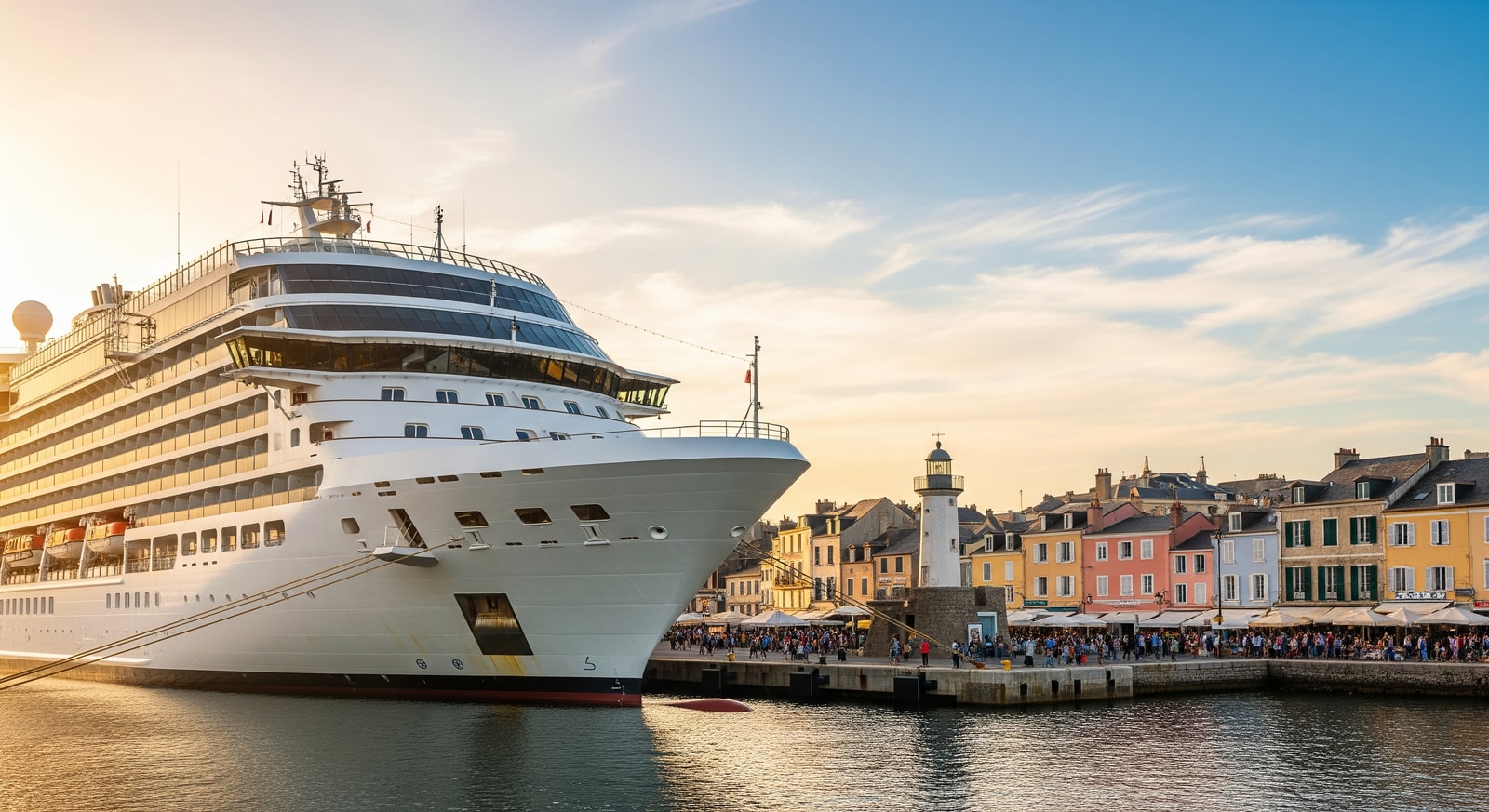 Discovery Class cruise ship docked at a small coastal town, highlighting access to lesser-known ports