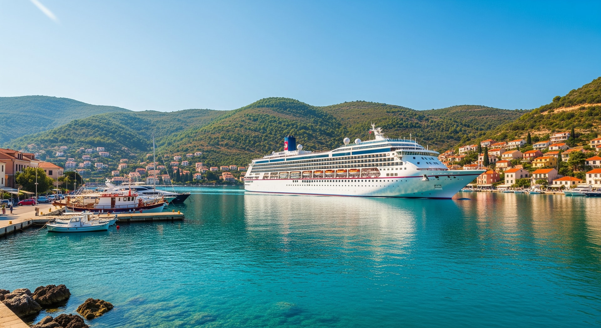 A mid-sized cruise ship navigating a scenic coastal port under clear skies
