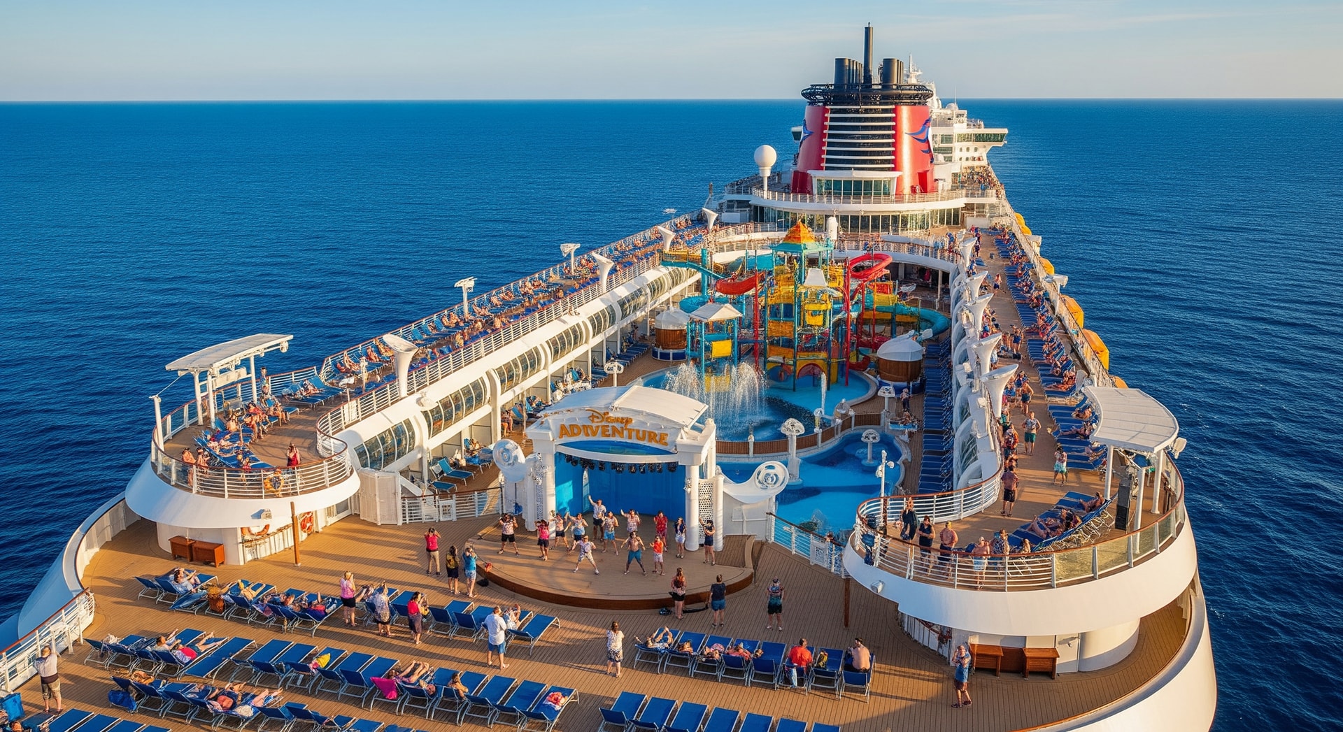 Disney Adventure cruise ship at sea with themed decks and families enjoying onboard activities