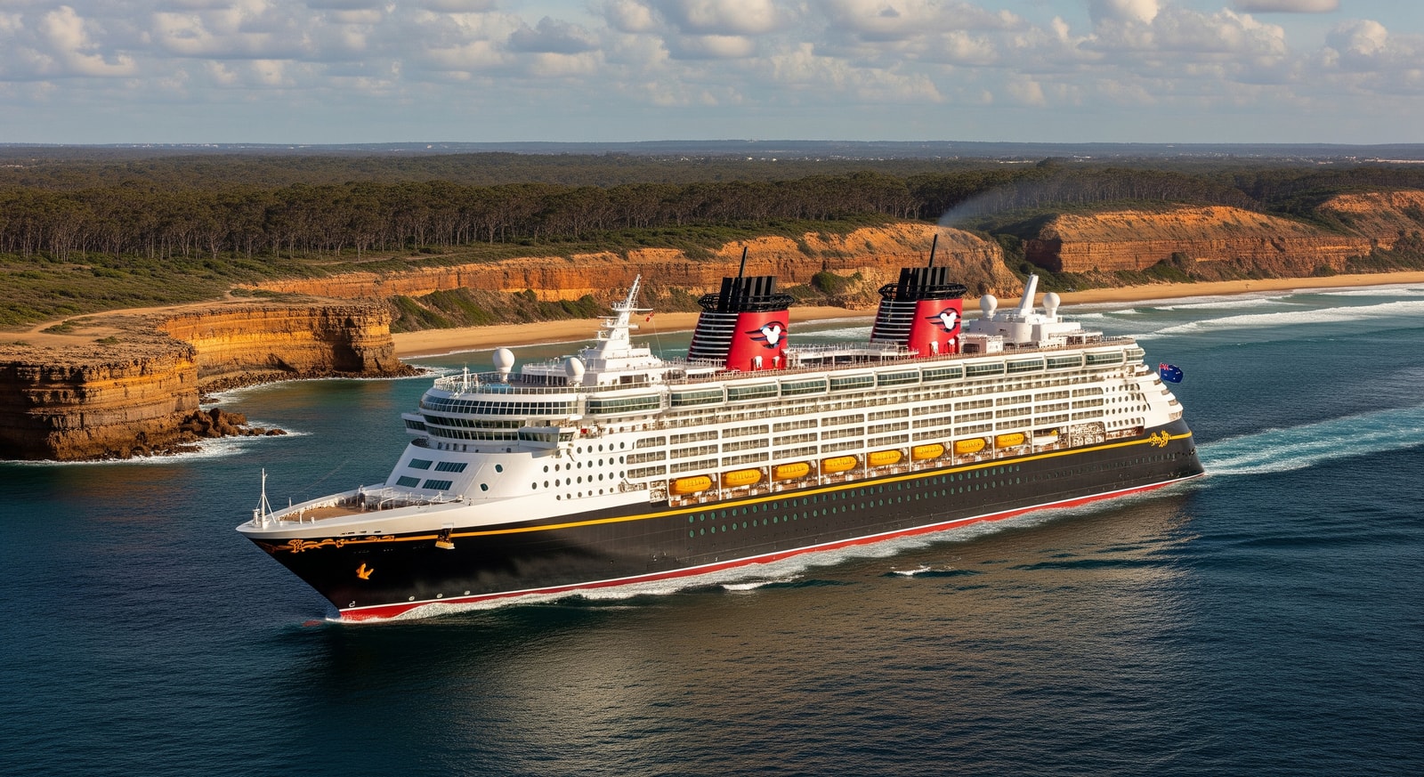 Disney Wonder cruising past an Australian coastline during its farewell voyage