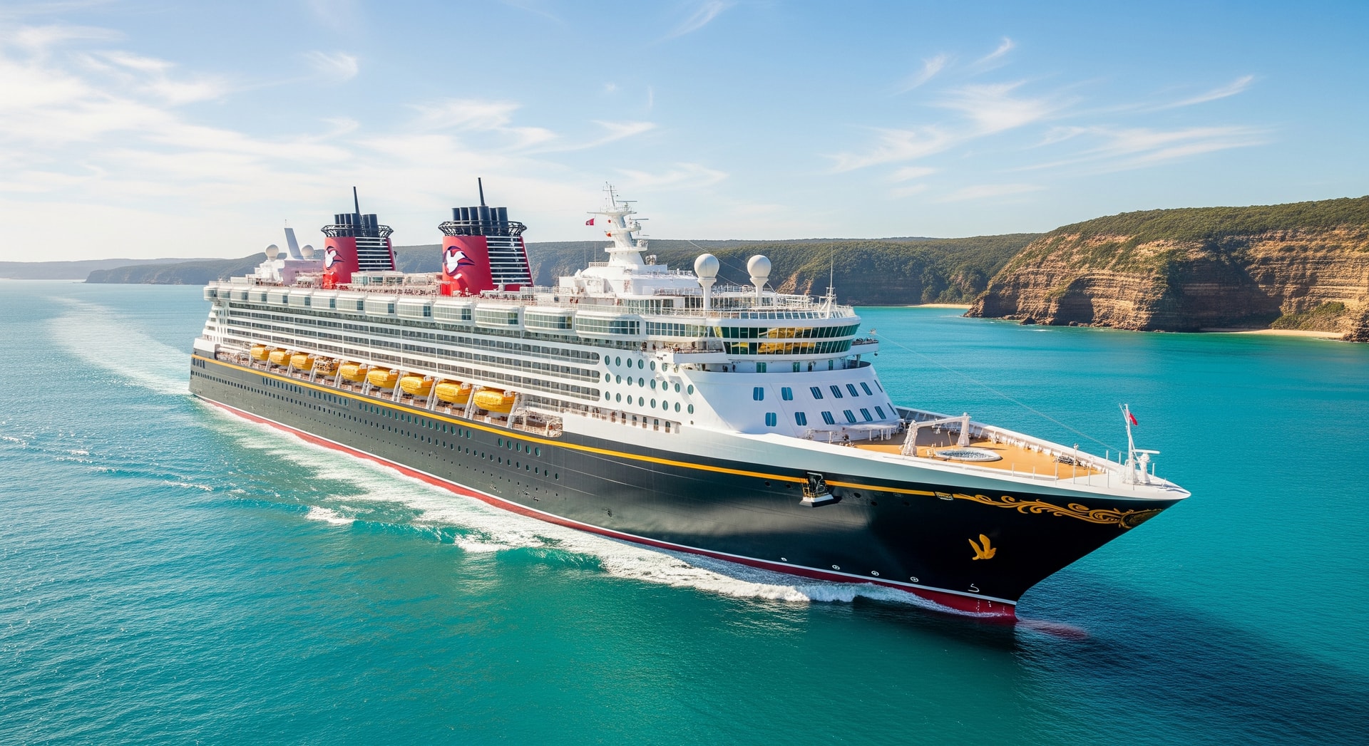 The Disney Wonder cruise ship sailing off the Australian coast on a bright day
