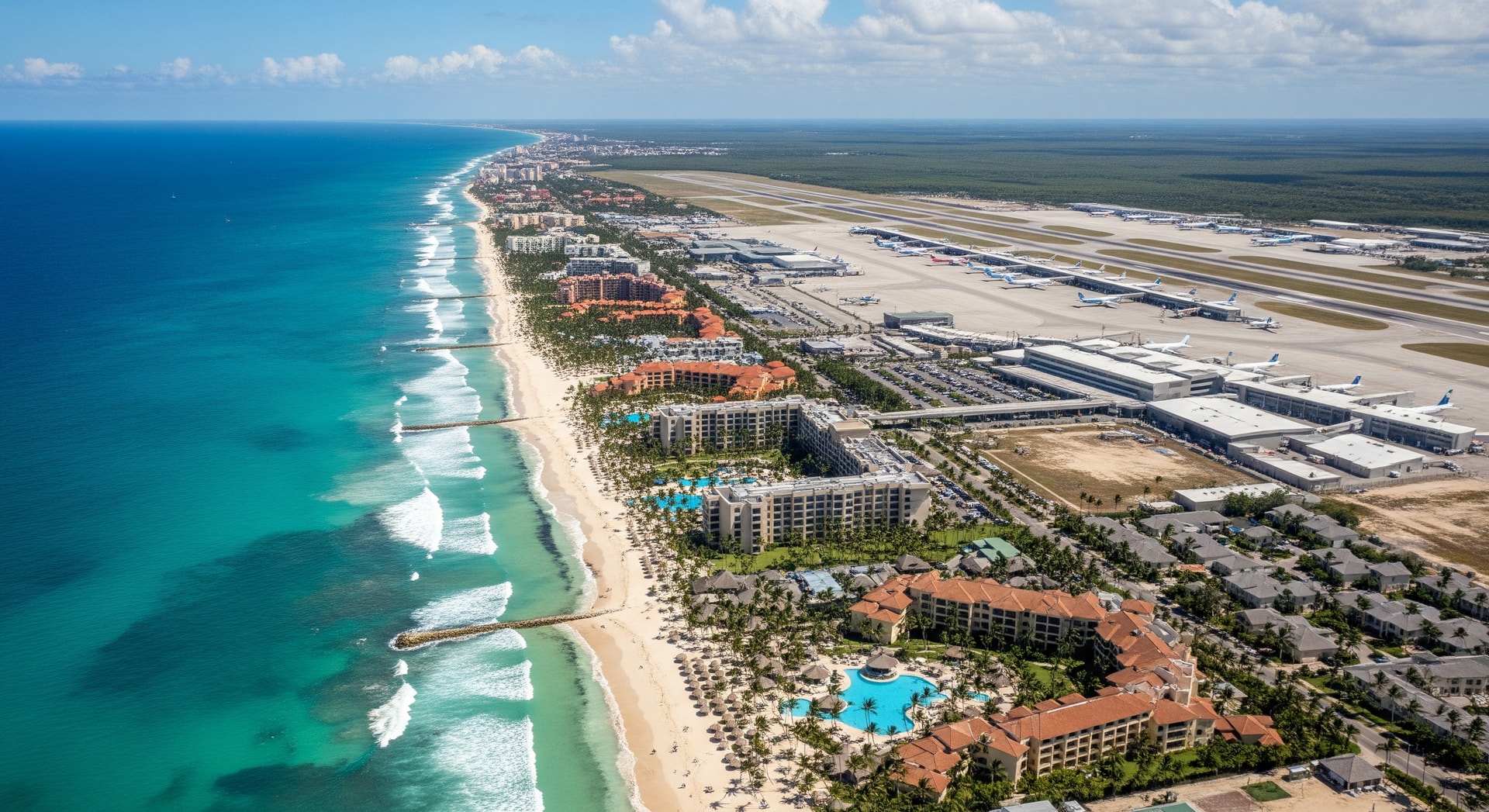 Aerial view of Punta Cana coastline and an international airport serving beach resorts