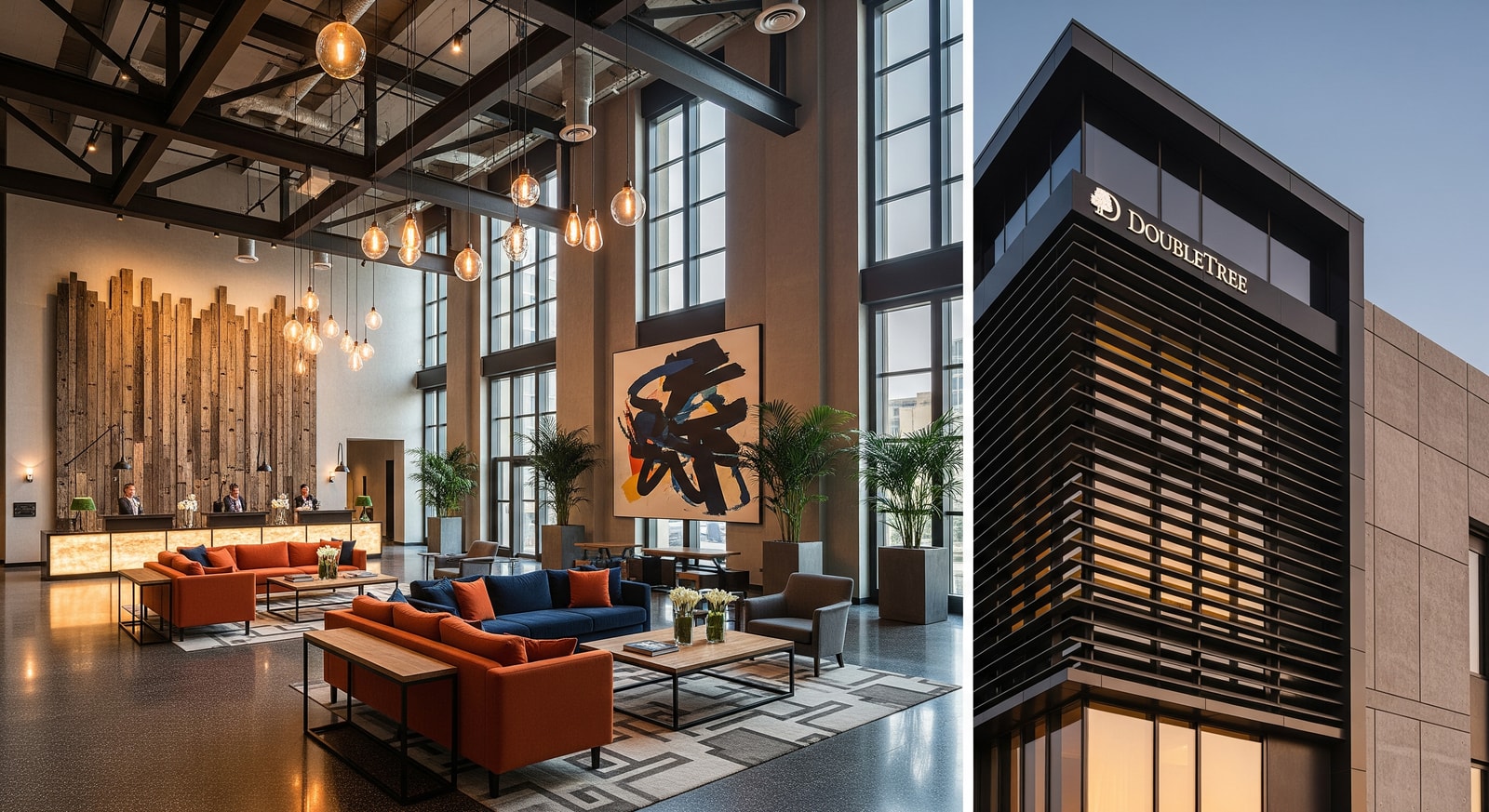Lobby and exterior view of DoubleTree by Hilton Dubai M Square highlighting modern industrial chic design