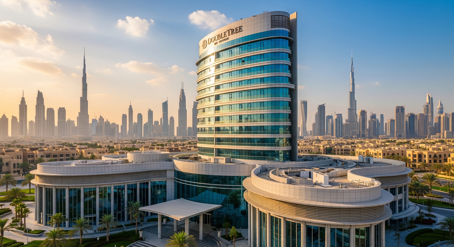 Exterior view of DoubleTree by Hilton Dubai M Square in Bur Dubai with Dubai skyline visible
