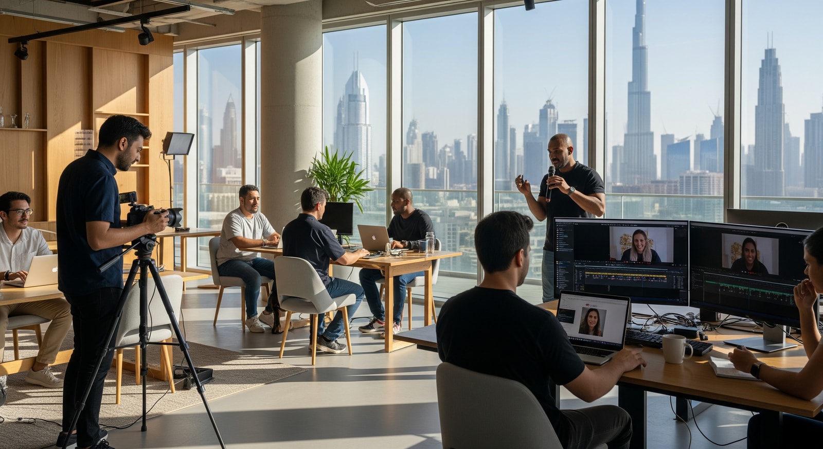 Content creators and remote professionals working in a modern Dubai co-working space with skyline views