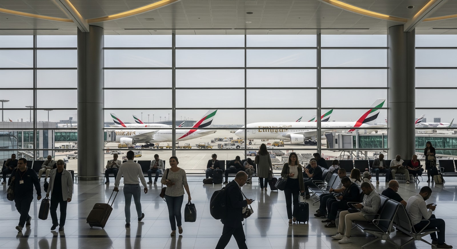 Passengers inside Dubai International Airport terminal with airplanes visible outside; DXB passenger traffic and airport operations