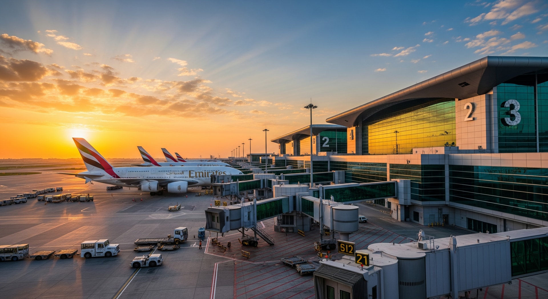 Exterior view of Dubai International Airport terminals with aircraft at gates