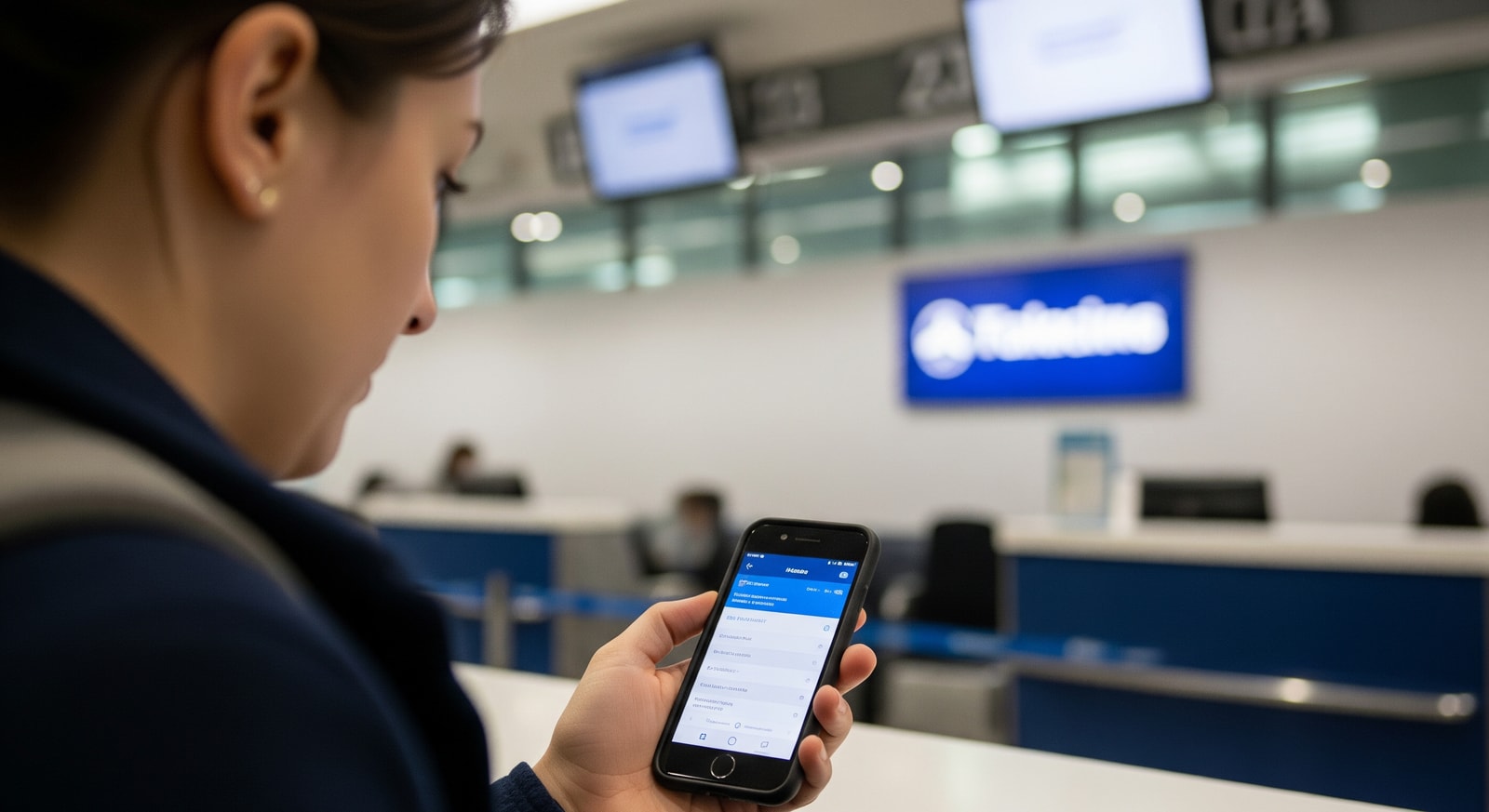 Passenger checking UK ETA status on a mobile phone at airport check-in ahead of a flight to the United Kingdom