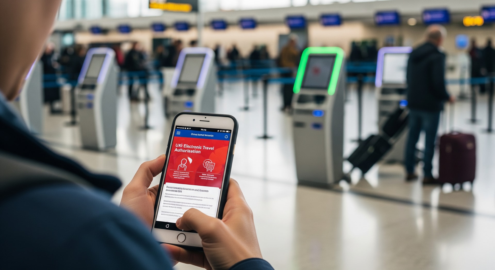 Travellers checking UK ETA requirements on a mobile phone at airport check-in
