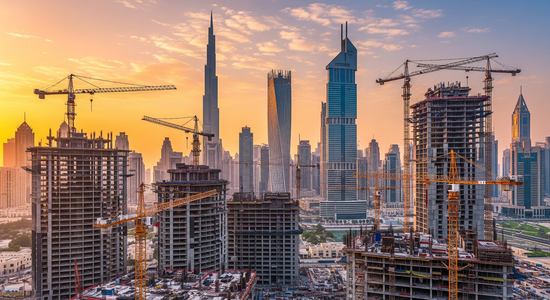 Dubai skyline with property developments and cranes representing Dubai real estate transactions