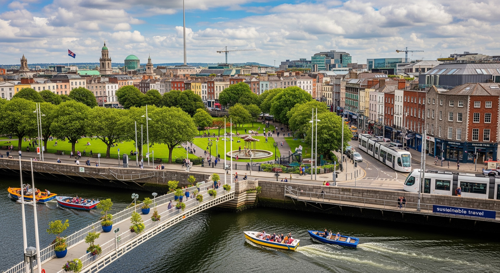 Dublin cityscape with sustainable tourism attractions and green spaces