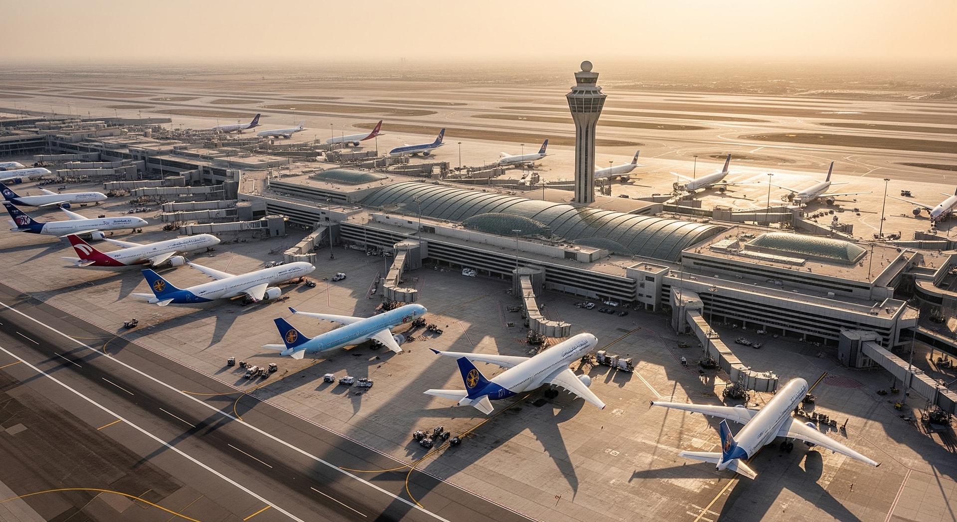 Aerial view of Dubai International Airport terminals and aircraft on the tarmac