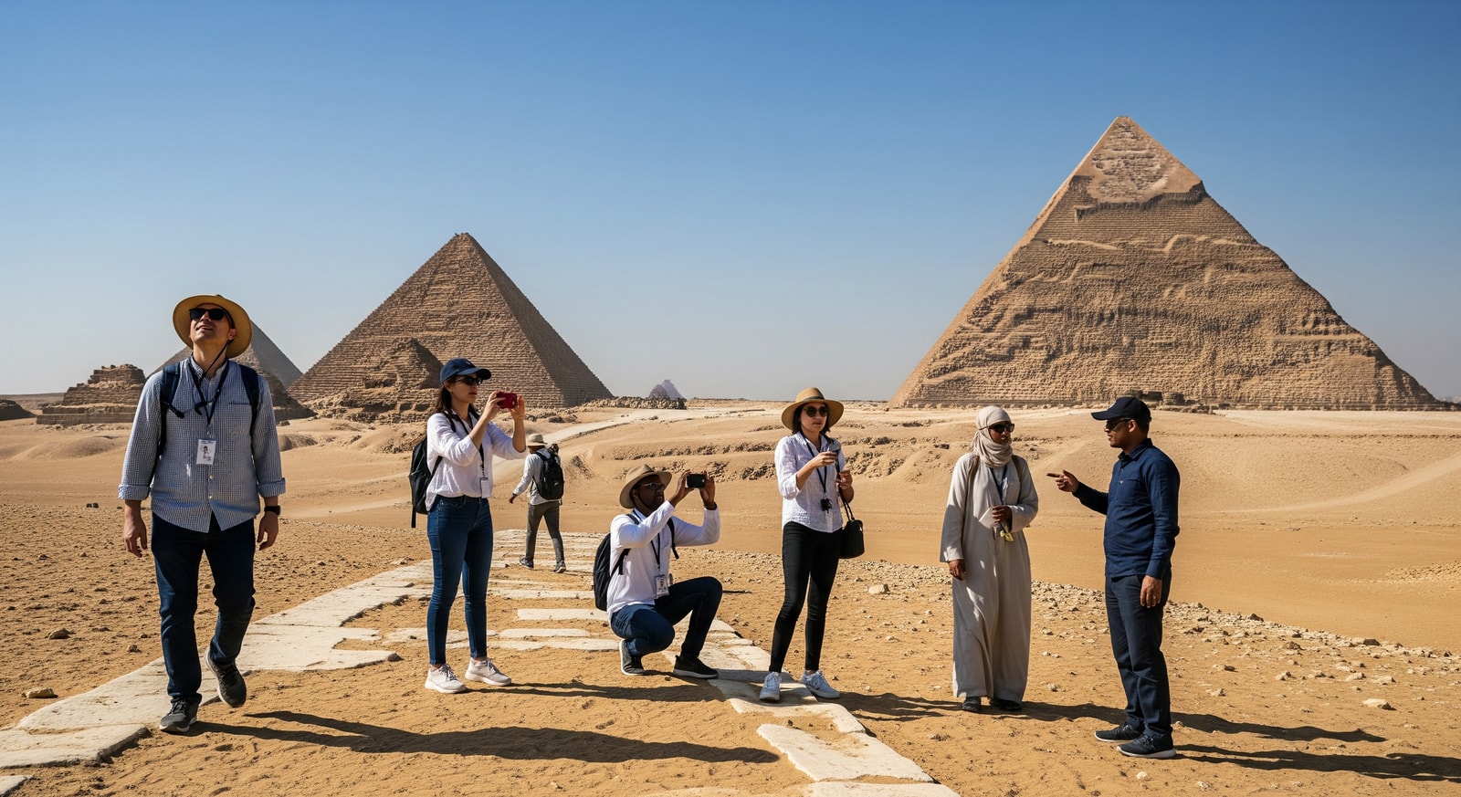 Visitors exploring the Pyramids of Giza and Cairo during a short transit stopover