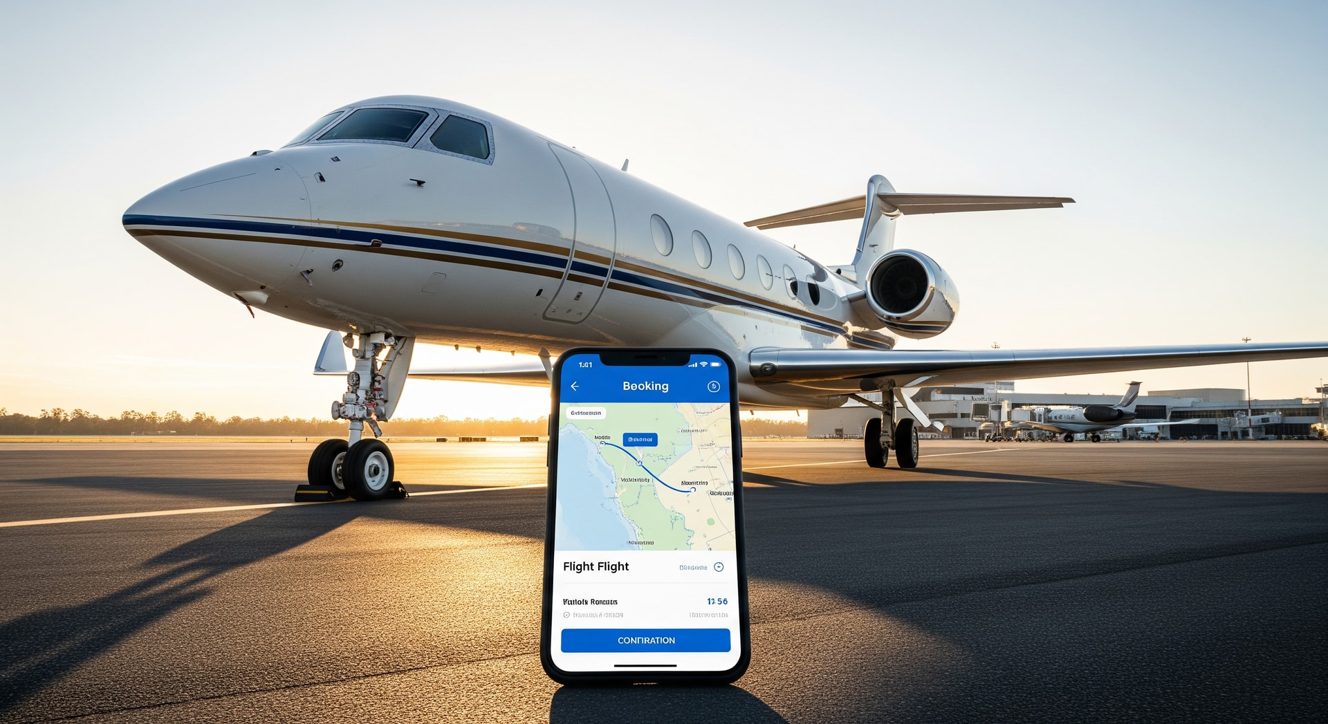 A private jet on the tarmac next to a mobile device showing a booking interface