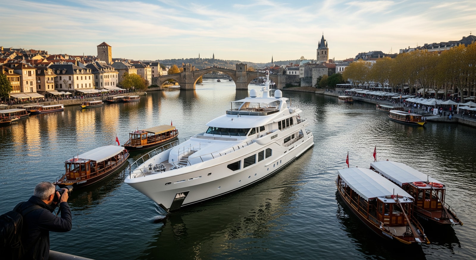 Emerald Astra cruising near a historic European riverside town with sightseeing boats