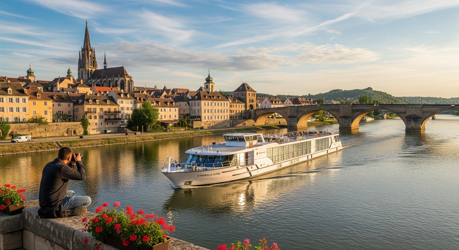 Emerald Astra river yacht cruising along a European river with historic towns on the banks