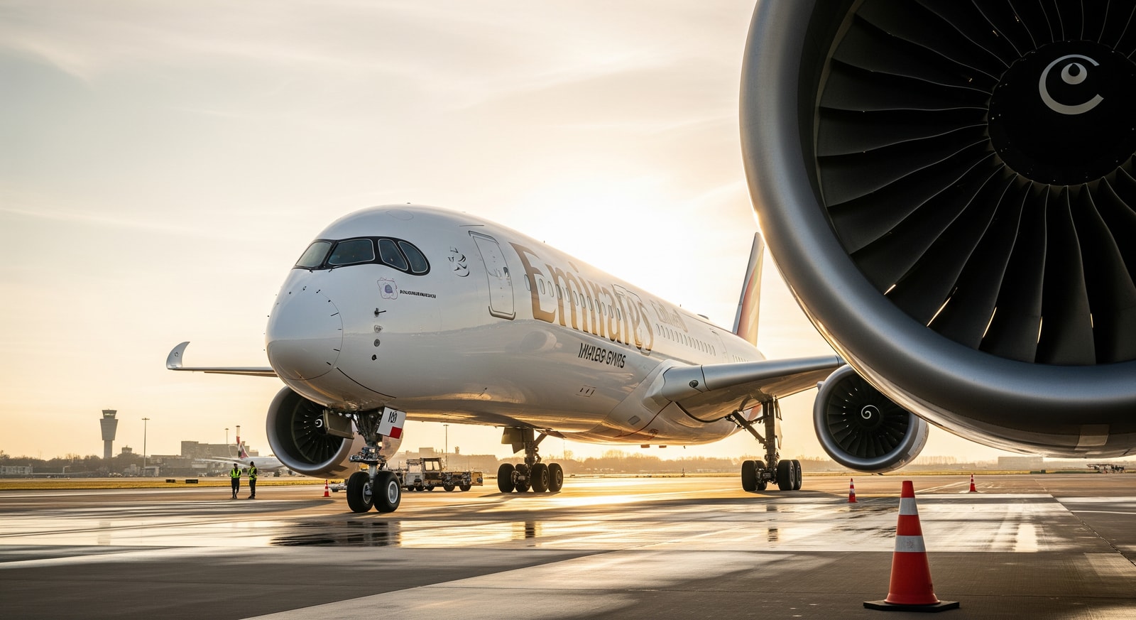 Emirates Airbus A350 at London Gatwick, showing the aircraft on the tarmac
