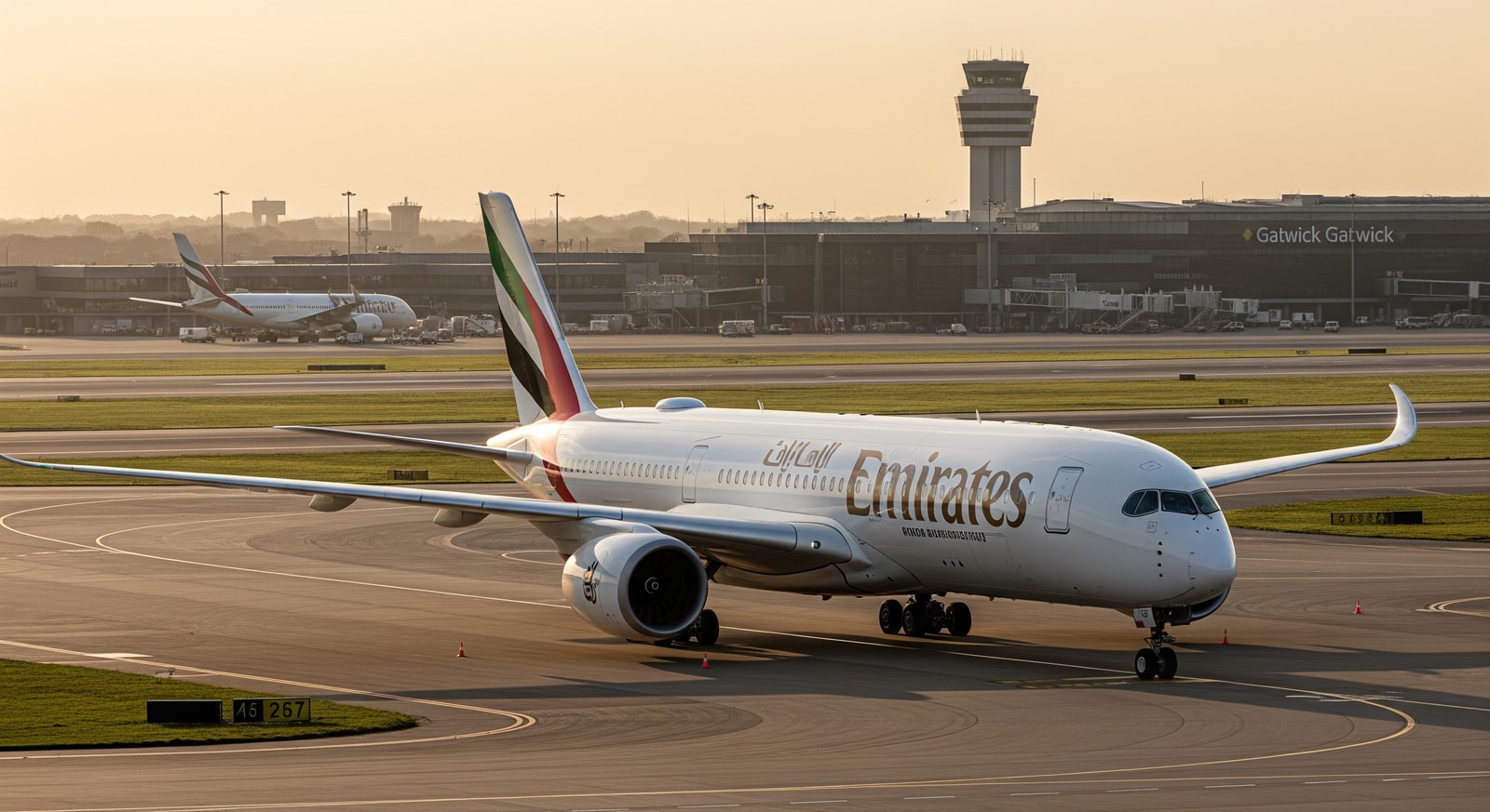 Emirates A350 on the tarmac at Gatwick ahead of a London service