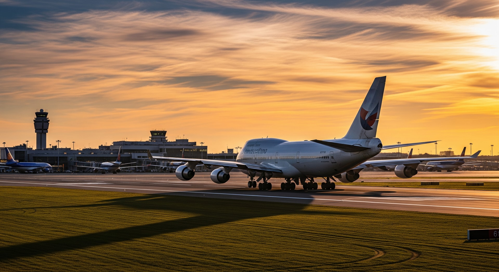 A widebody passenger aircraft on a runway at an international airport