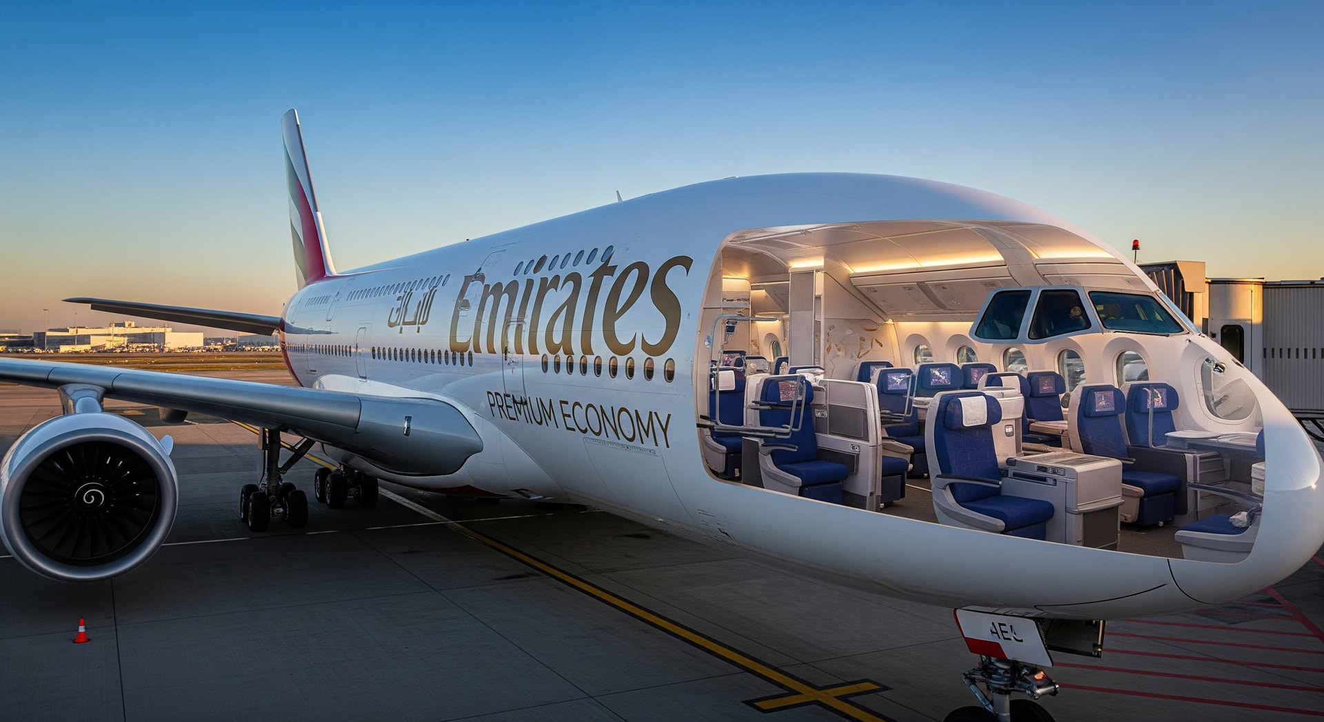 Emirates aircraft on the tarmac showing cabin upgrades and premium economy branding