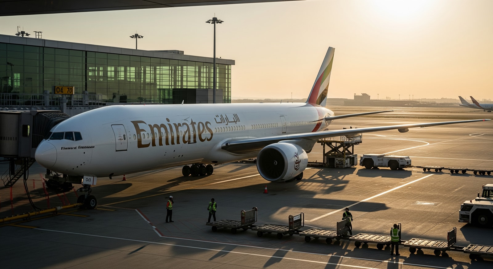 Emirates Boeing 777-300ER at an airport gate, illustrating expanded Dubai–Tokyo Narita operations