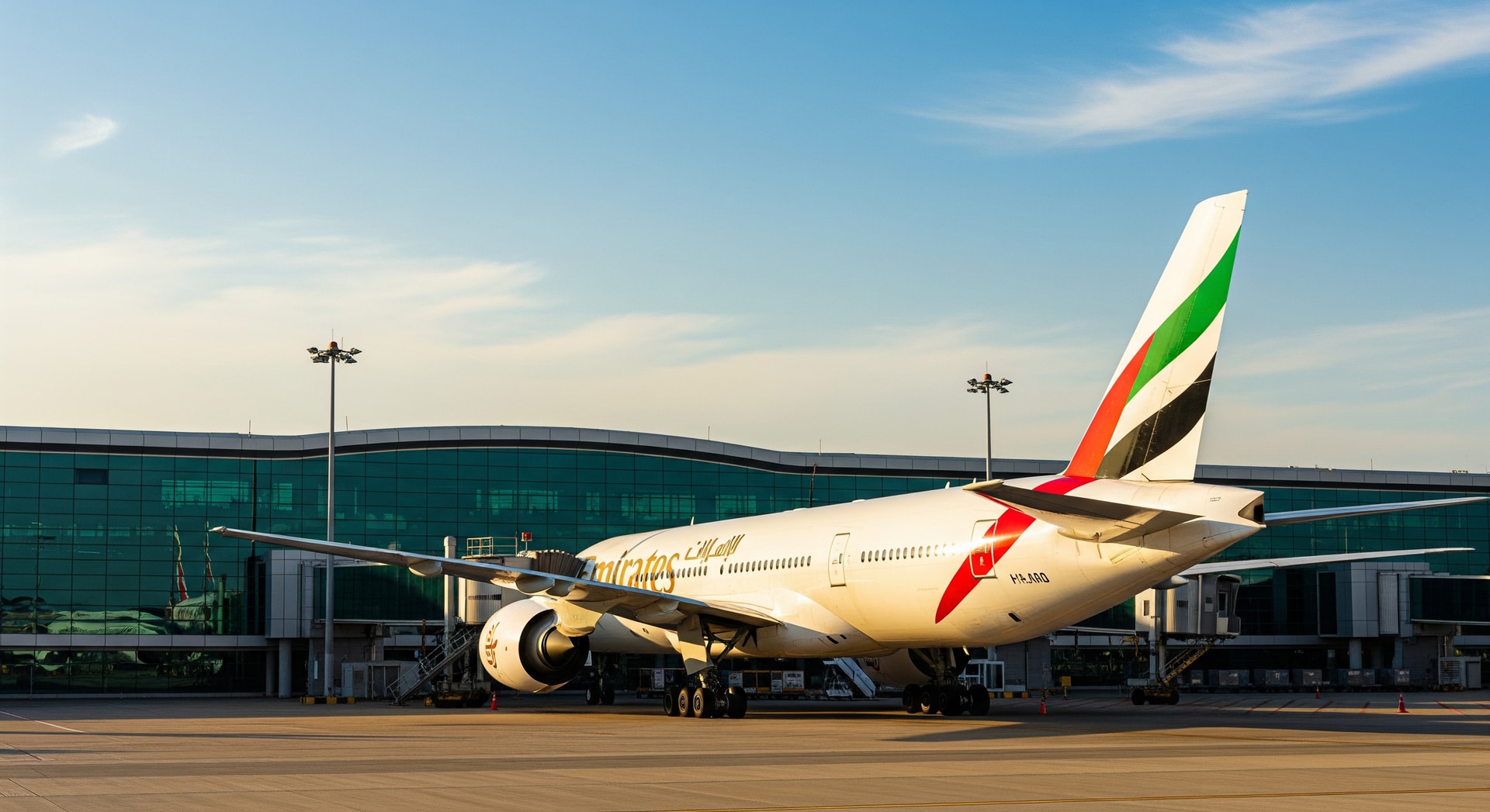 An Emirates Boeing 777 aircraft on the airport apron with terminal buildings in the background