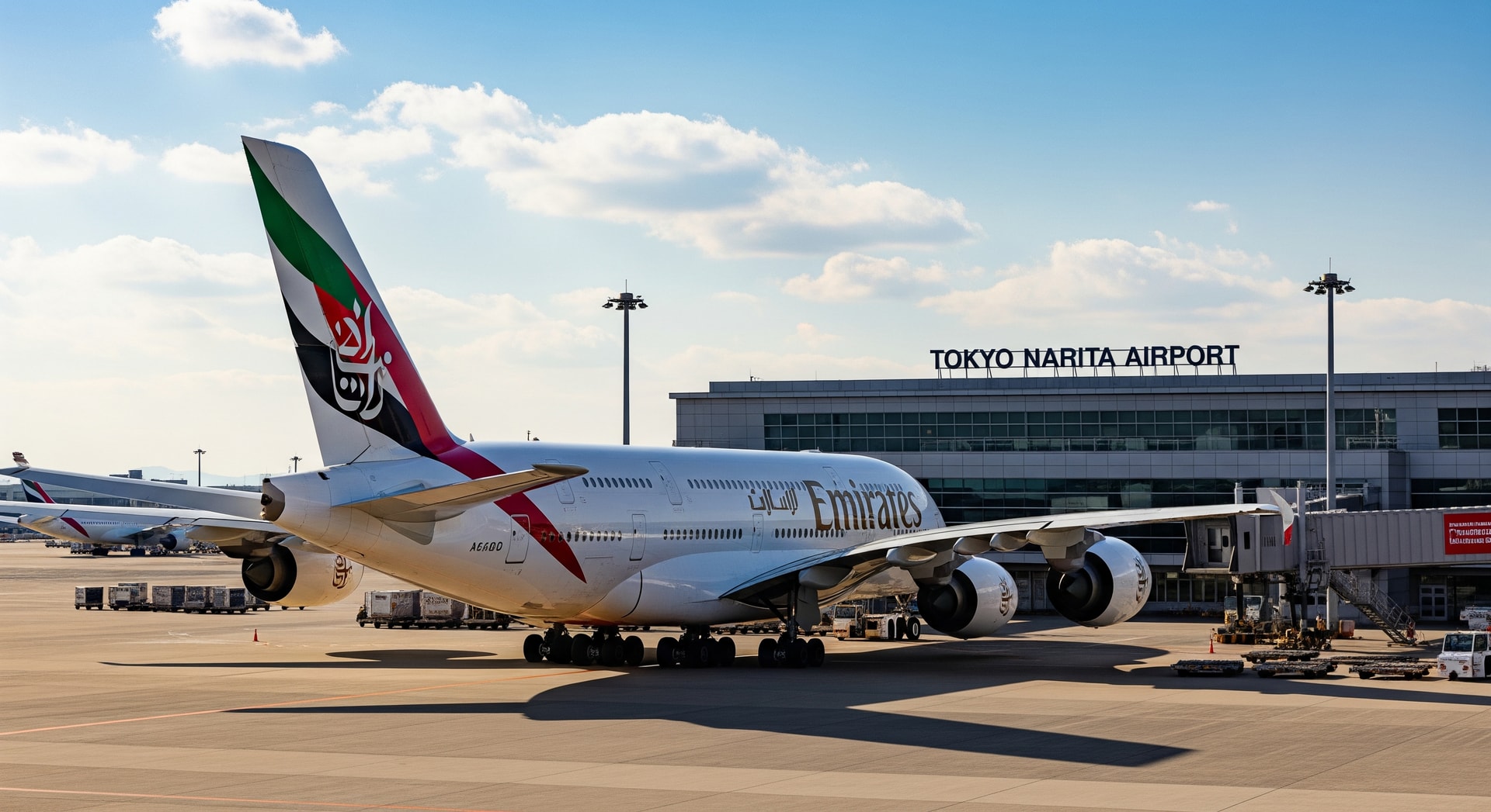 An Emirates aircraft on the tarmac with Tokyo Narita Airport signage in the background