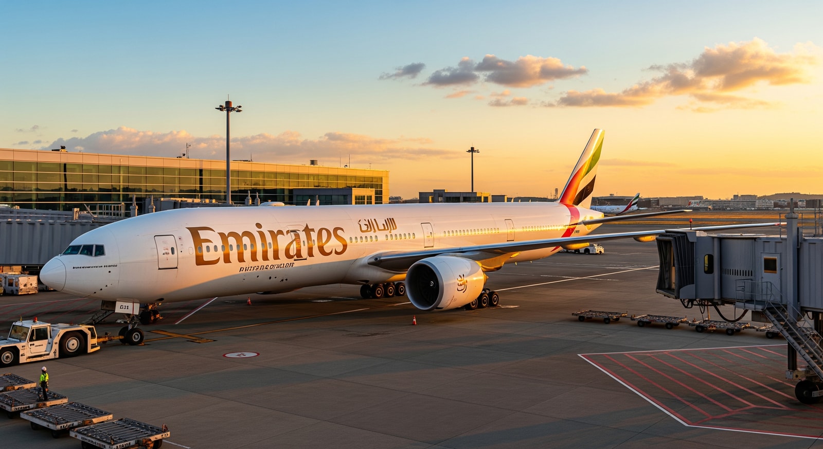 An Emirates Boeing 777-300ER at an airport gate, illustrating the aircraft used on the Dubai–Tokyo Narita route