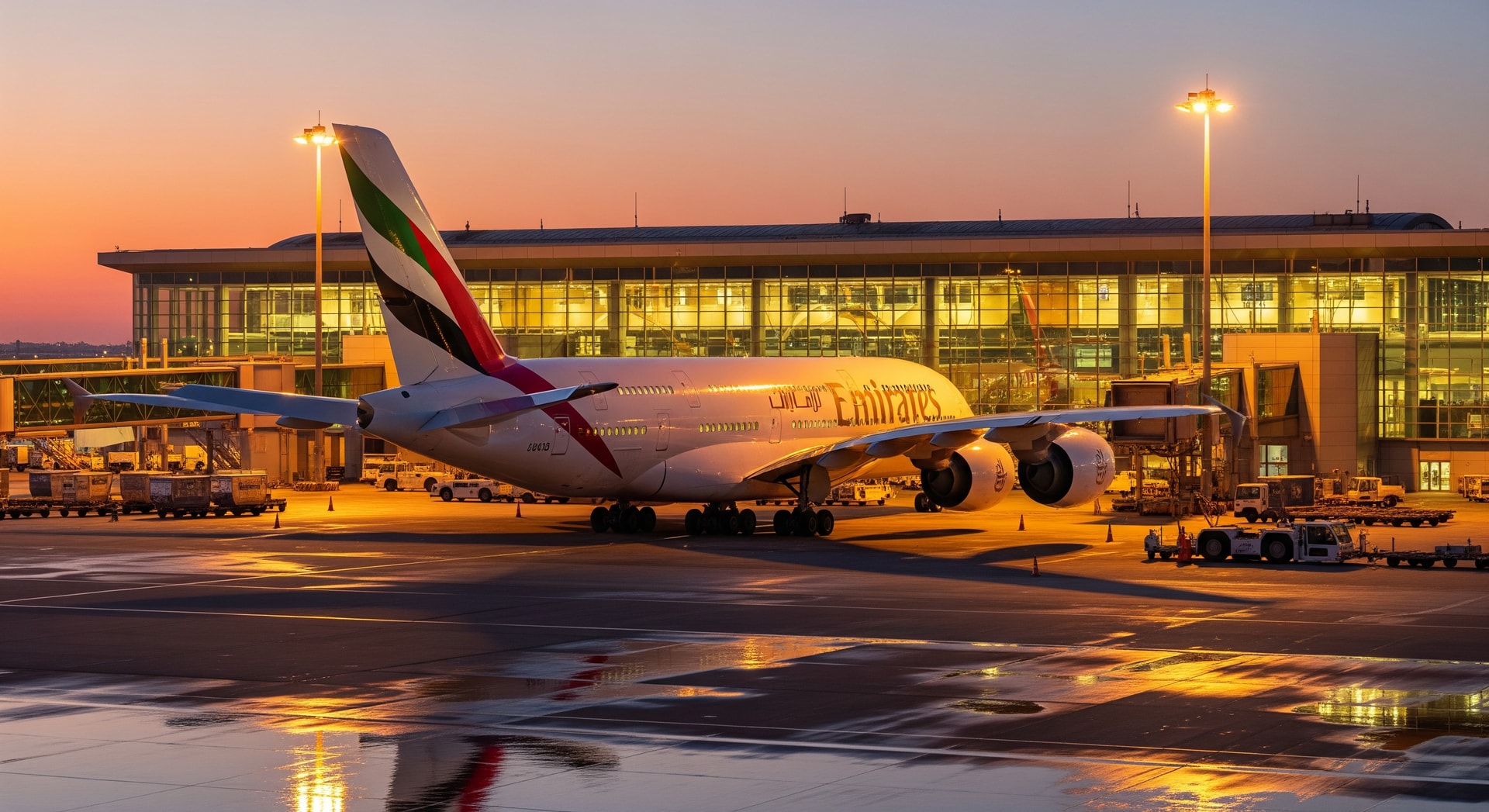 An Emirates aircraft on the tarmac with airport terminal lights in the background