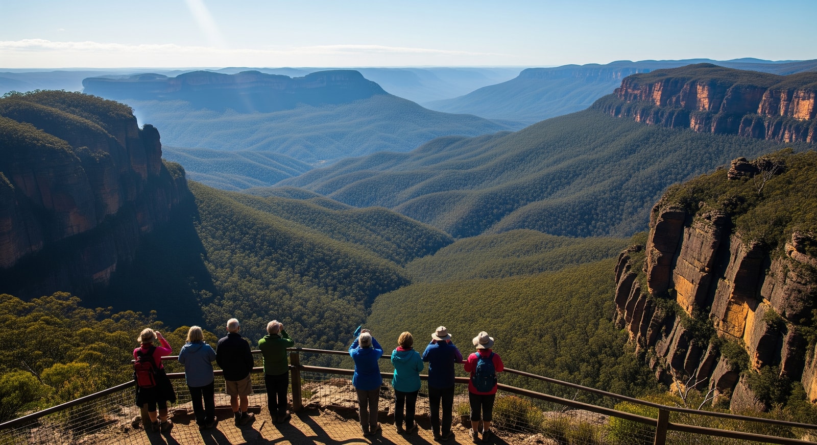 Travelers overlooking a eucalyptus valley in the Blue Mountains, Regional New South Wales