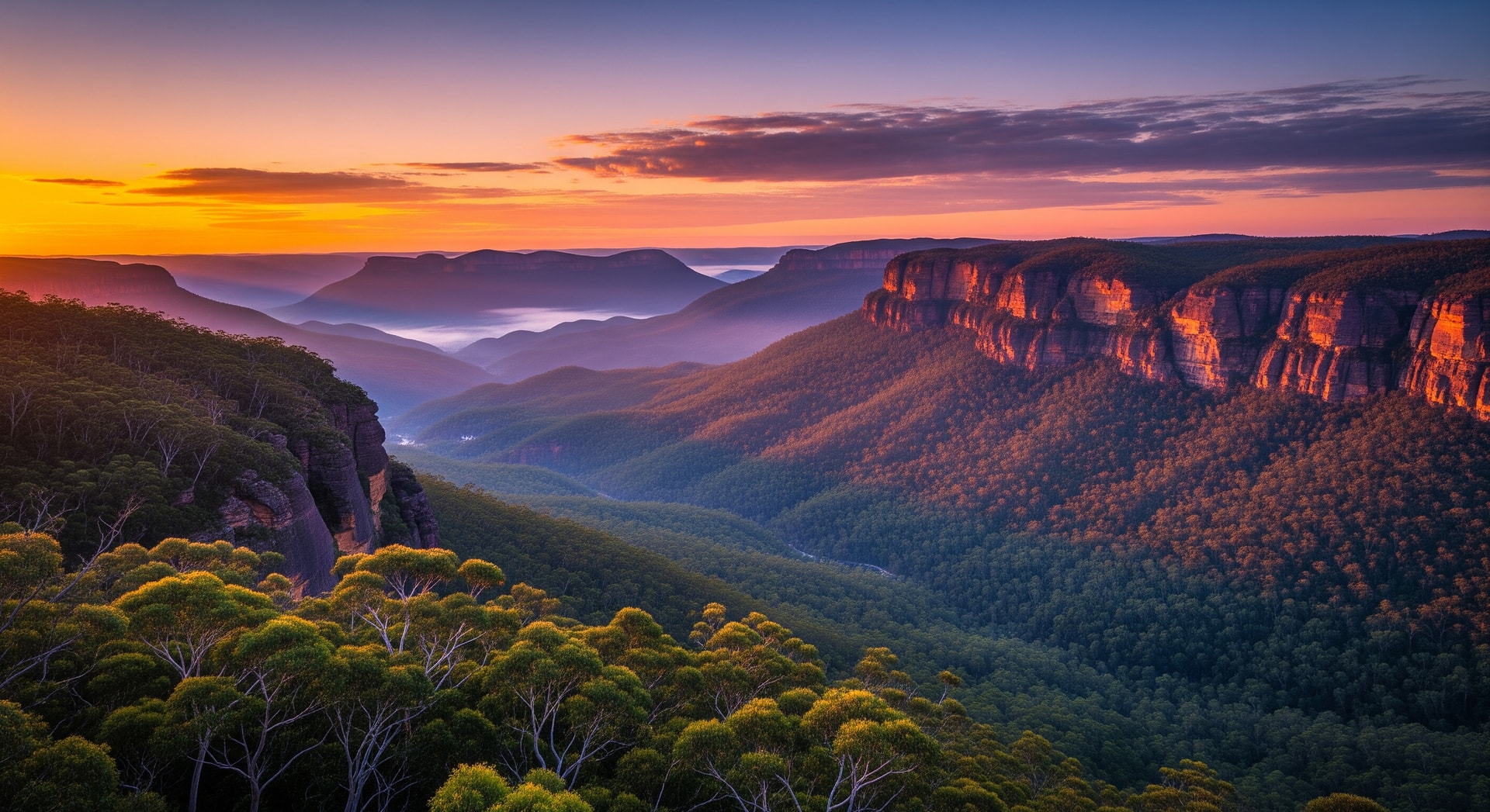 Sunrise over the Blue Mountains, showcasing Regional New South Wales landscapes