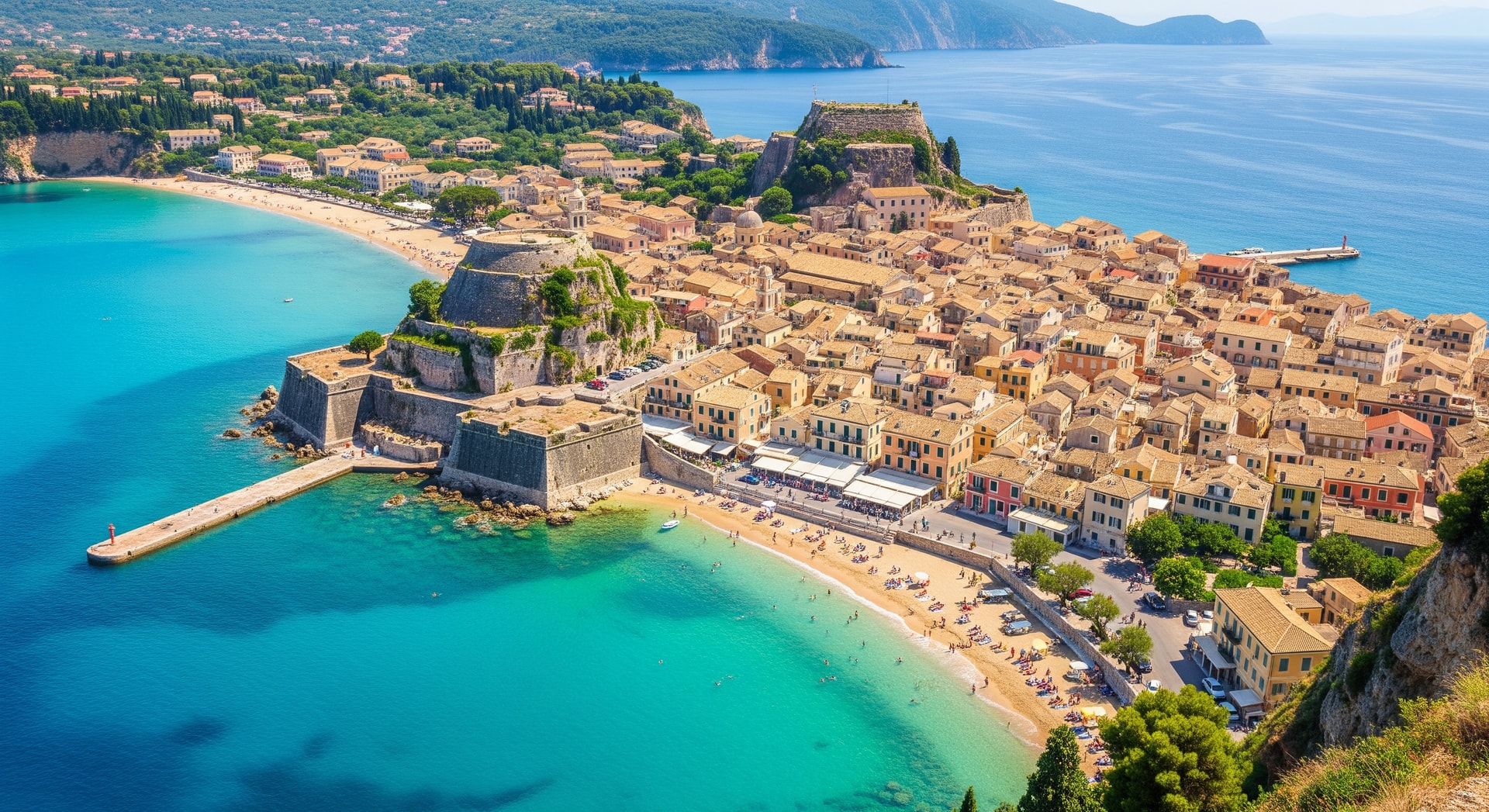Coastal view of Corfu with beaches and historic town buildings