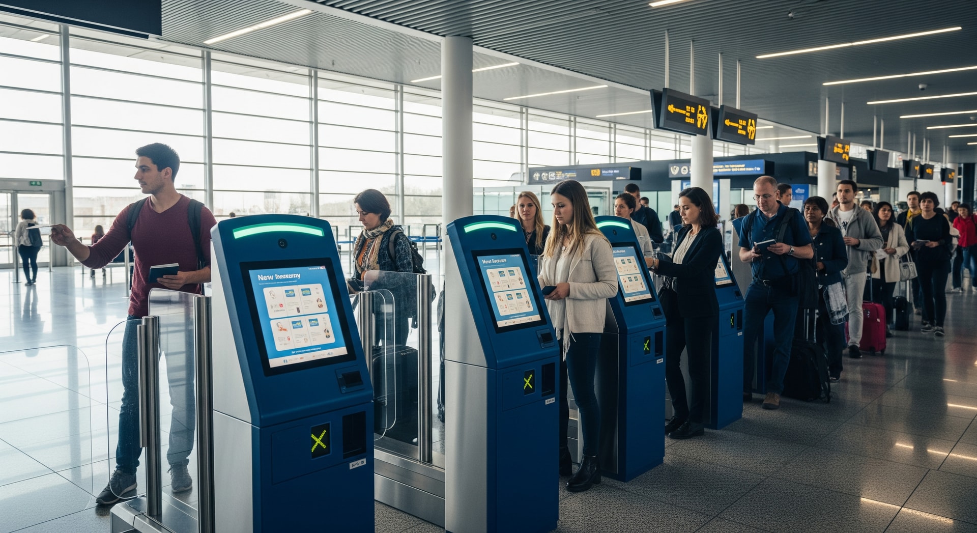 Travelers queuing at a European airport passport control with digital kiosks indicating new entry procedures