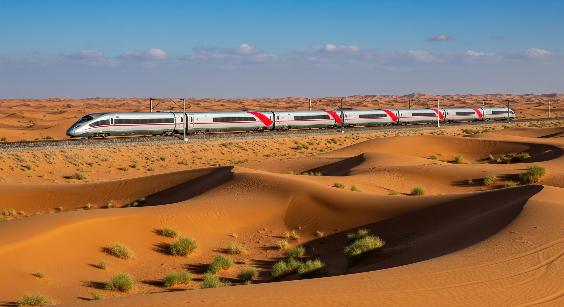 High-speed train rendering traveling between Abu Dhabi and Dubai across desert landscape