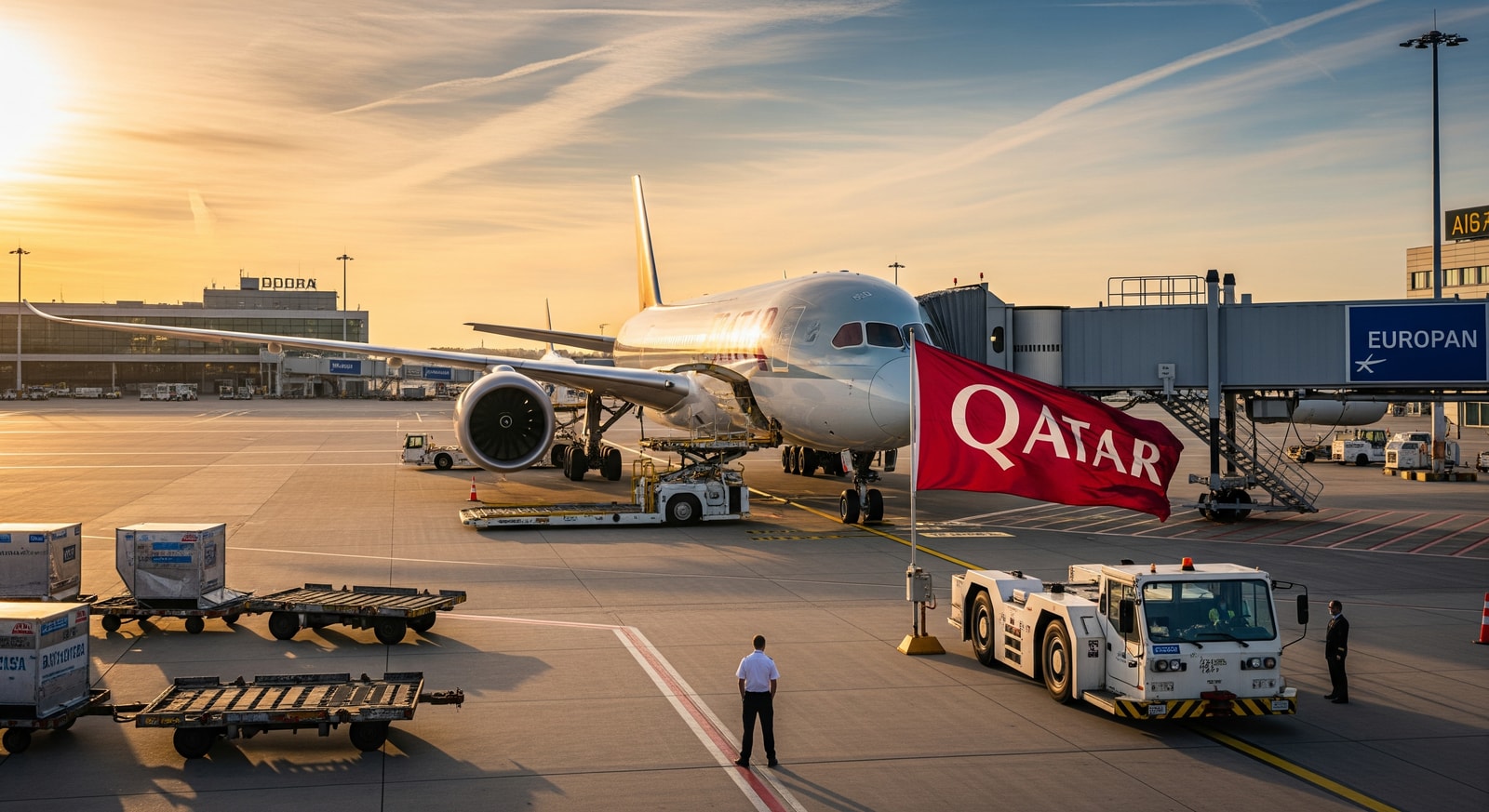 Aircraft on a European airport apron illustrating EU–Qatar aviation connectivity
