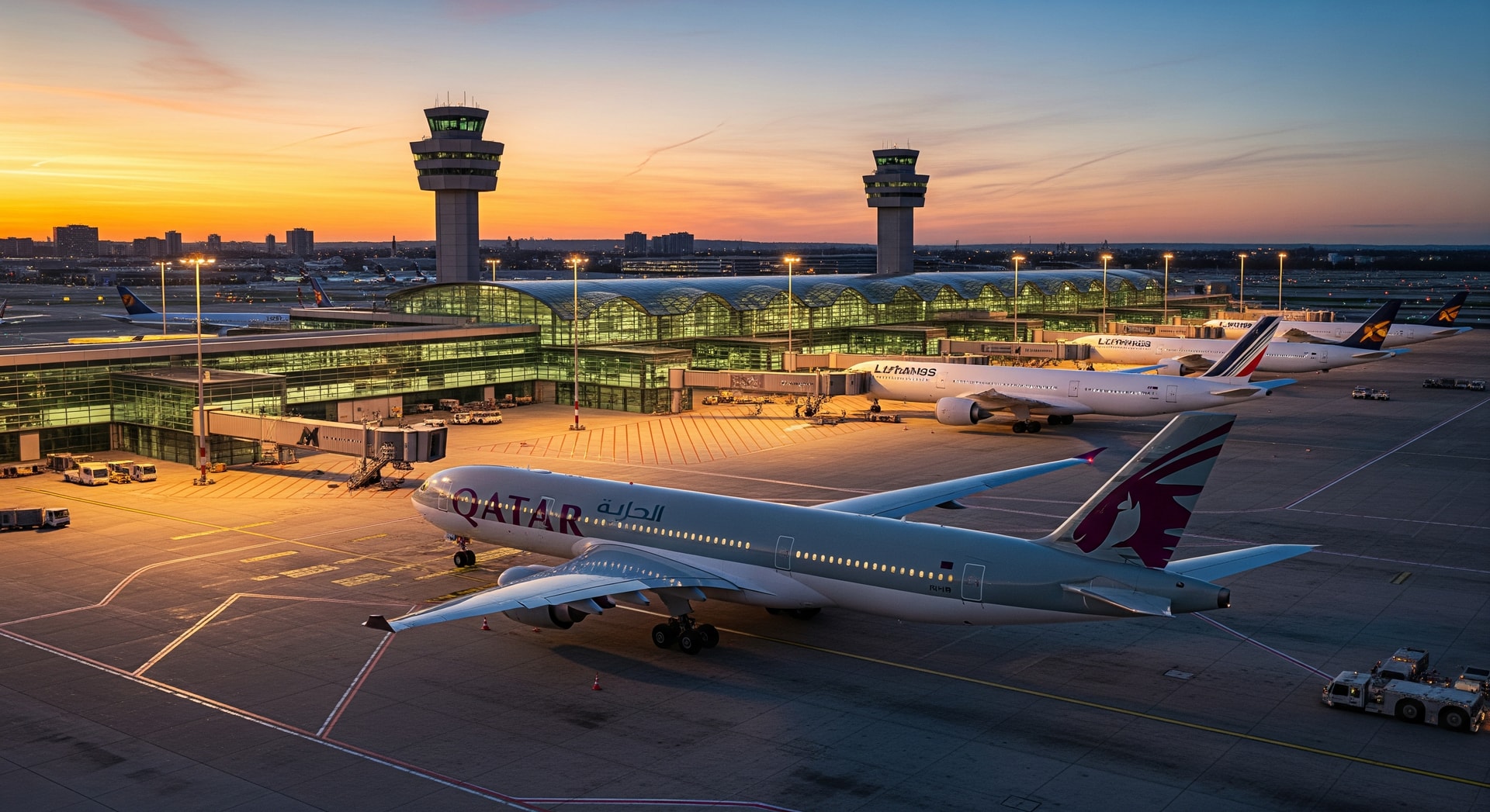 Aircraft and airport infrastructure representing EU–Qatar aviation connections