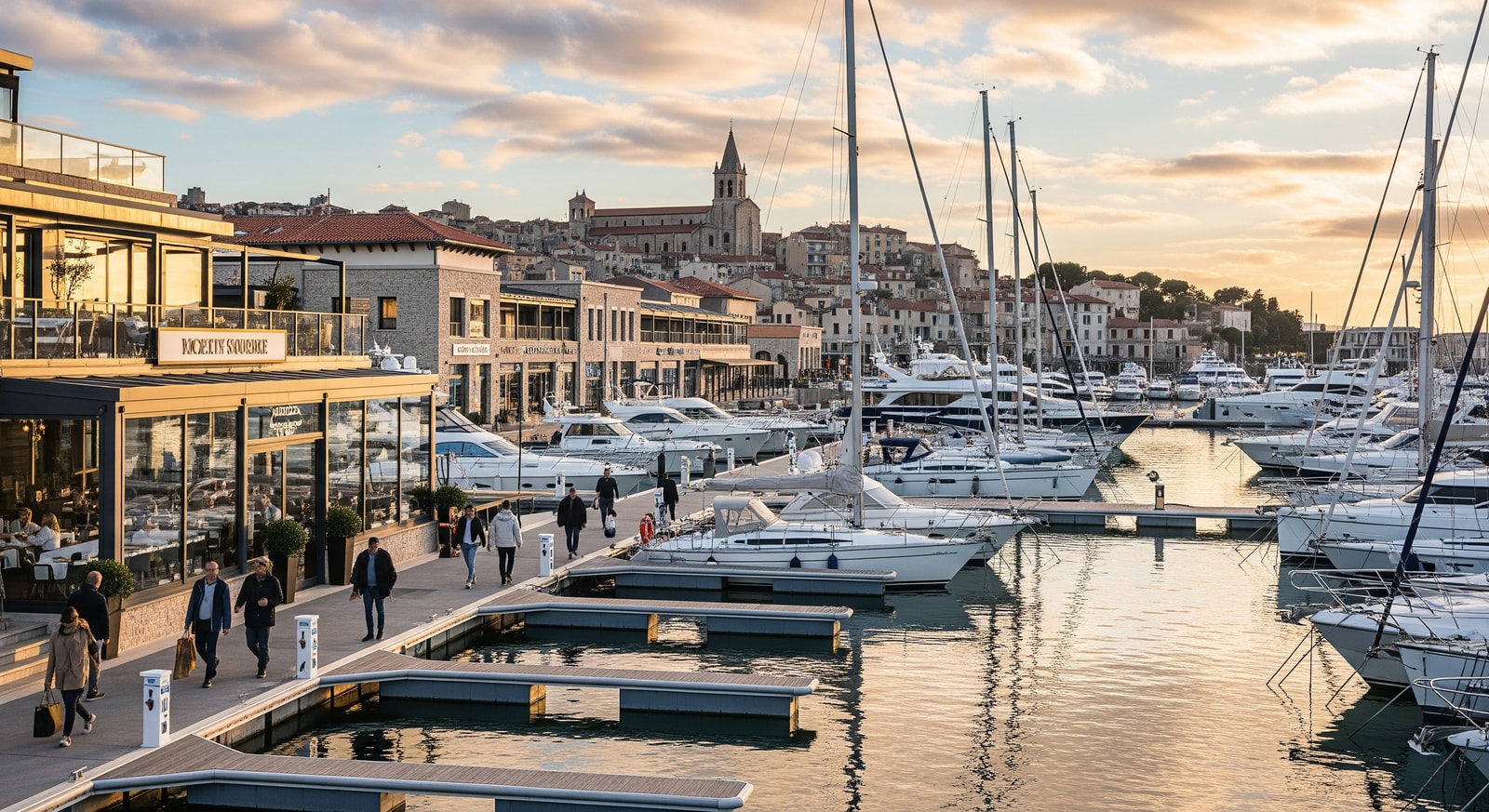 Boats moored at a European marina, highlighting marina facilities and boating tourism