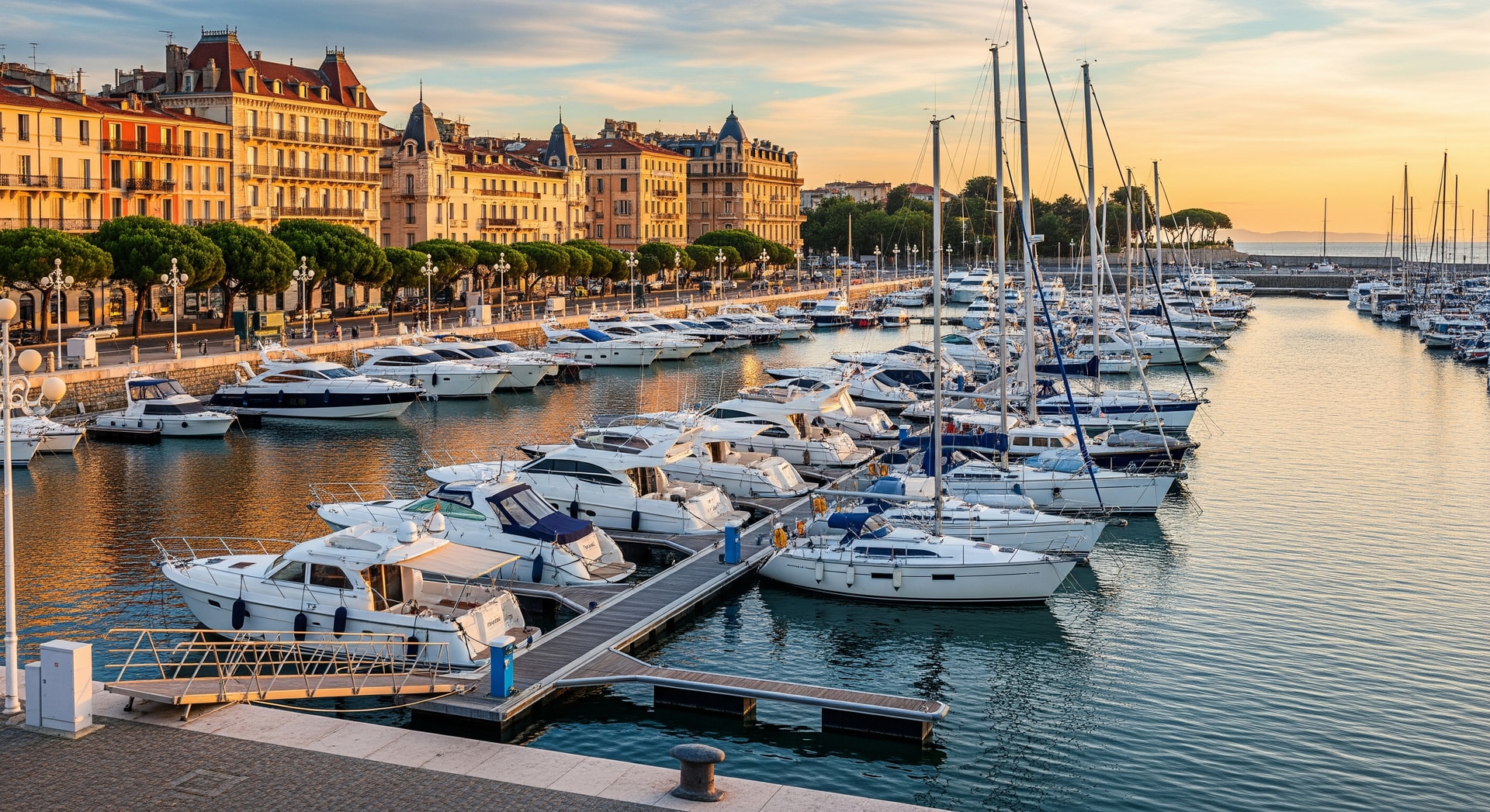 A marina with boats docked along a European coastal waterway, illustrating boating tourism and marina infrastructure